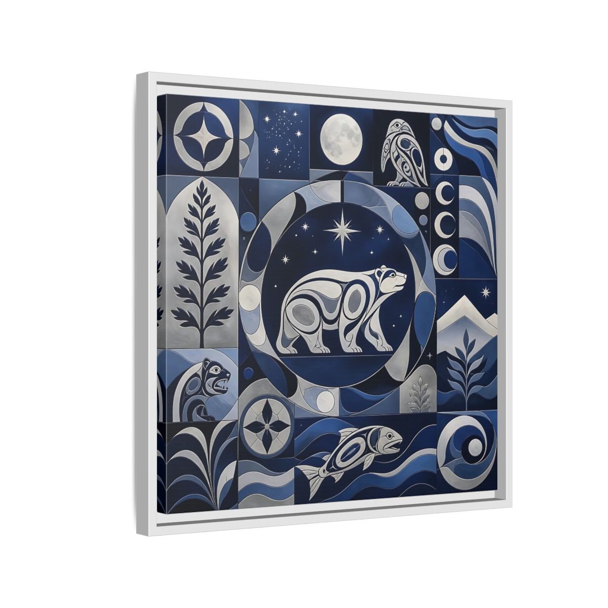 Nature Bear Blue And Silver Framed Canvas Print Wall Art – Living Room Decor, Above Fireplace - YesArtYes