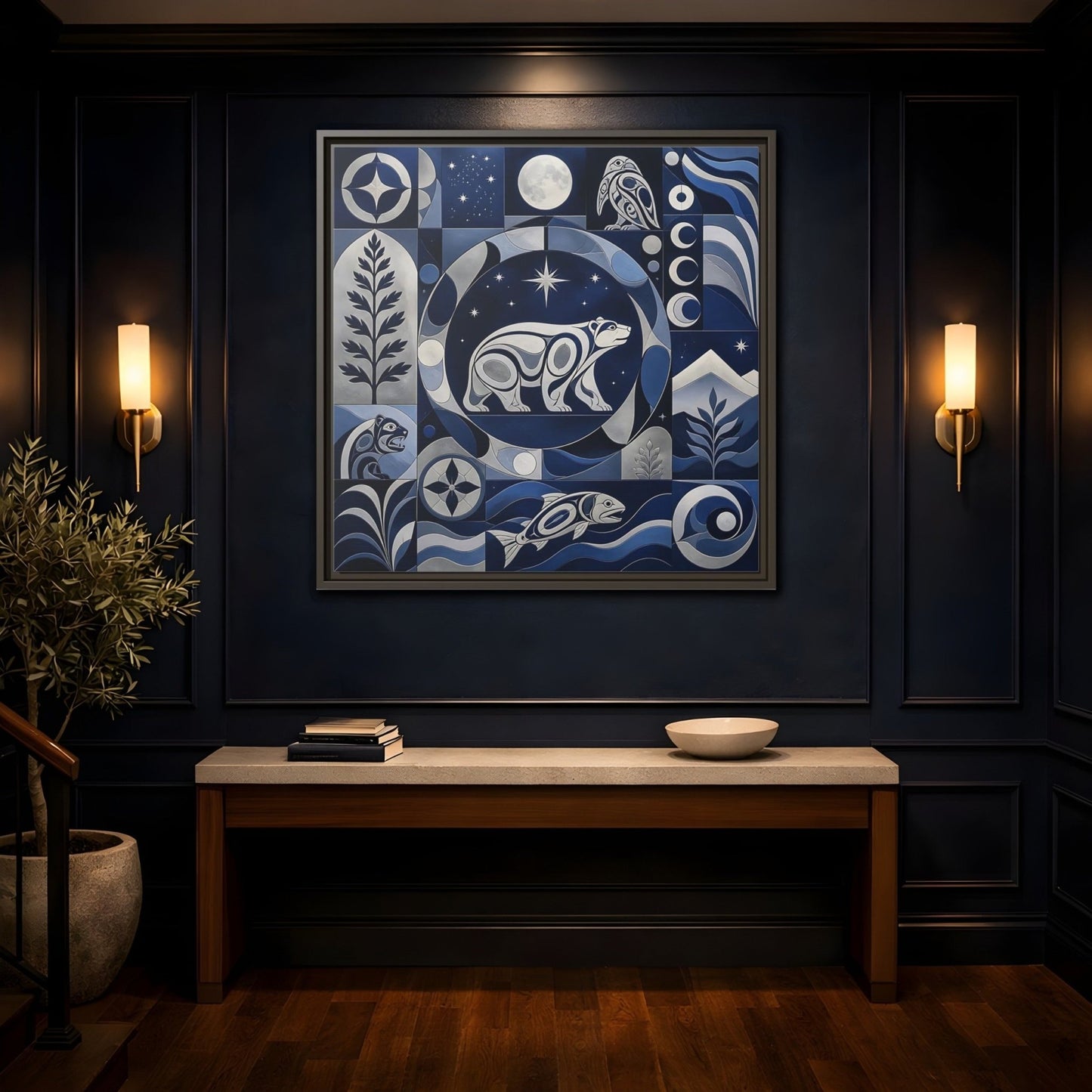 Nature Bear Blue And Silver Framed Canvas Print Wall Art – Living Room Decor, Above Fireplace - YesArtYes