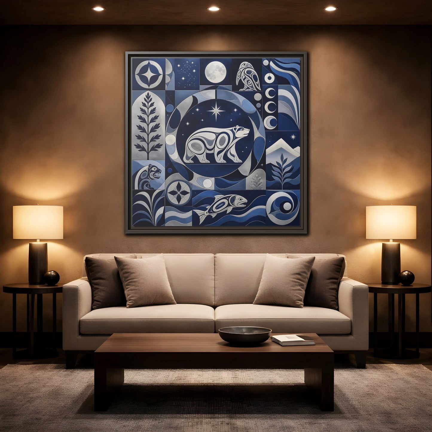 Nature Bear Blue And Silver Framed Canvas Print Wall Art – Living Room Decor, Above Fireplace - YesArtYes