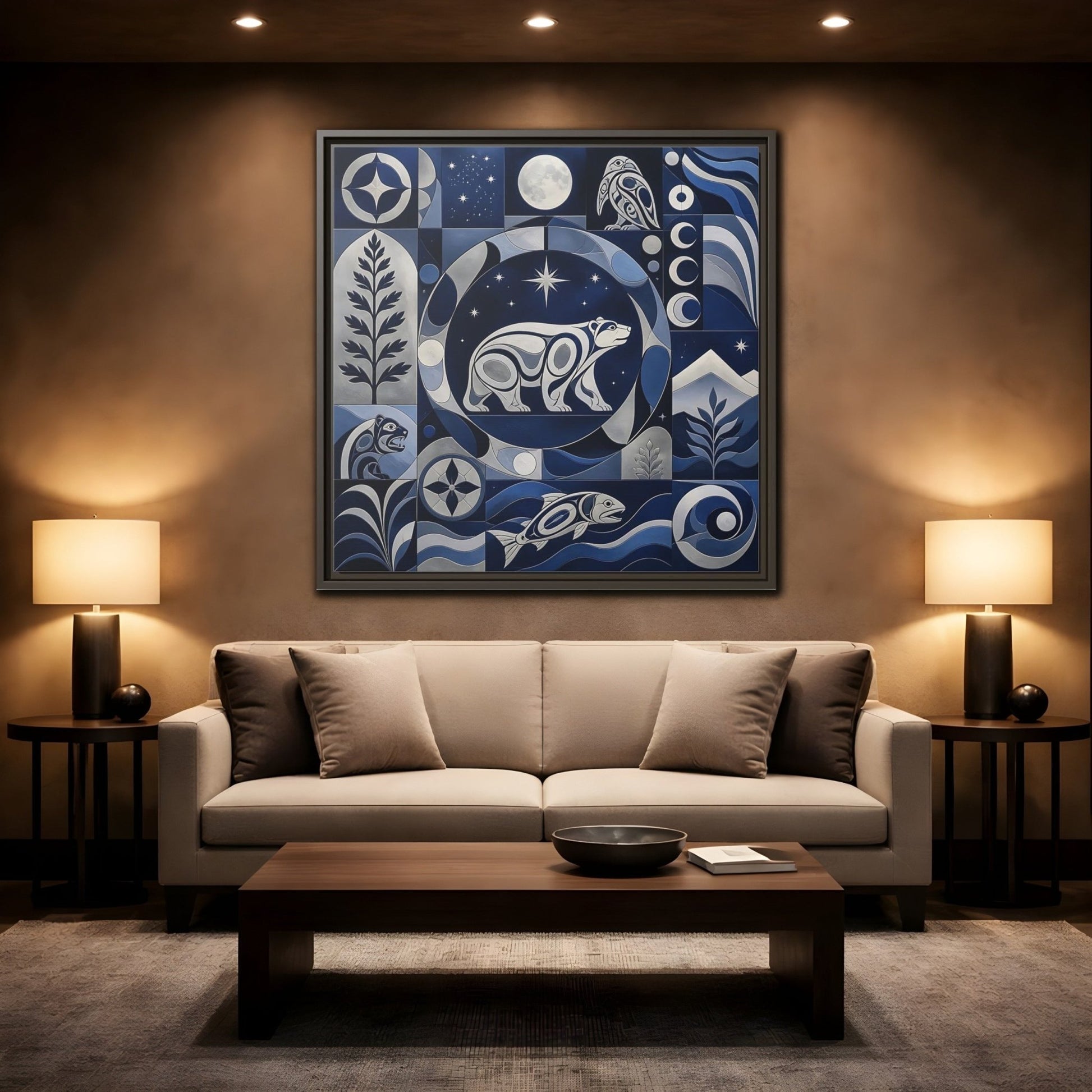 Nature Bear Blue And Silver Framed Canvas Print Wall Art – Living Room Decor, Above Fireplace - YesArtYes