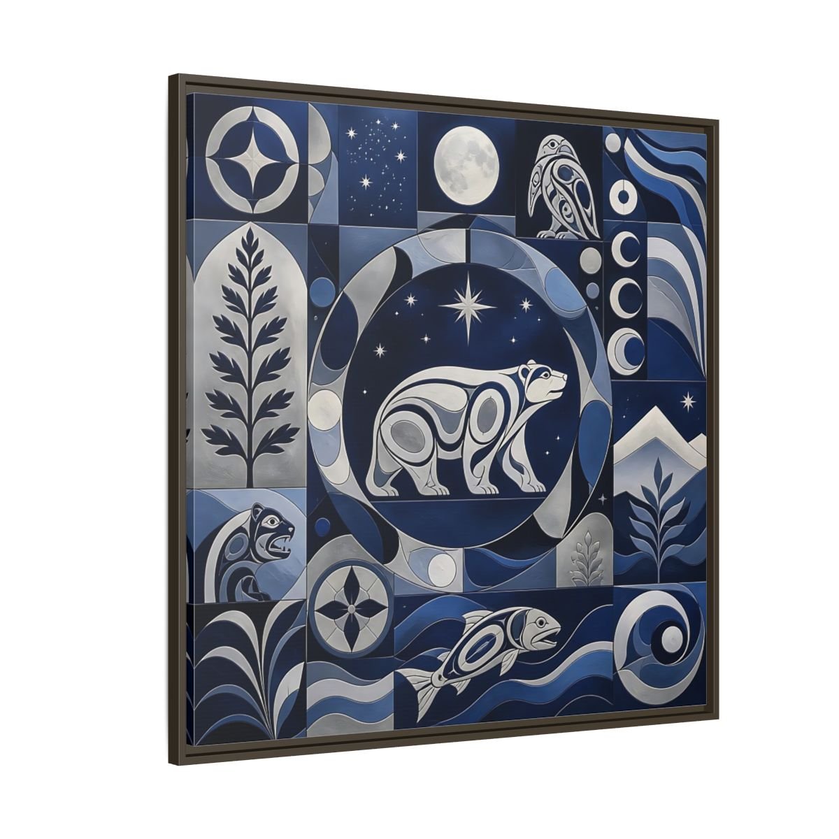 Nature Bear Blue And Silver Framed Canvas Print Wall Art – Living Room Decor, Above Fireplace - YesArtYes