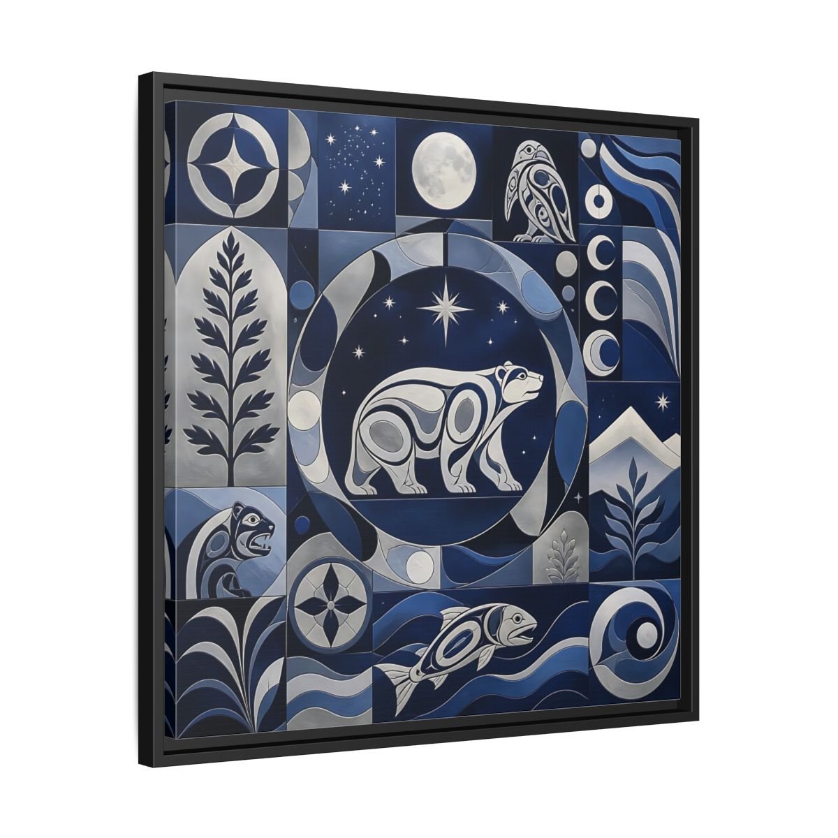 Nature Bear Blue And Silver Framed Canvas Print Wall Art – Living Room Decor, Above Fireplace - YesArtYes