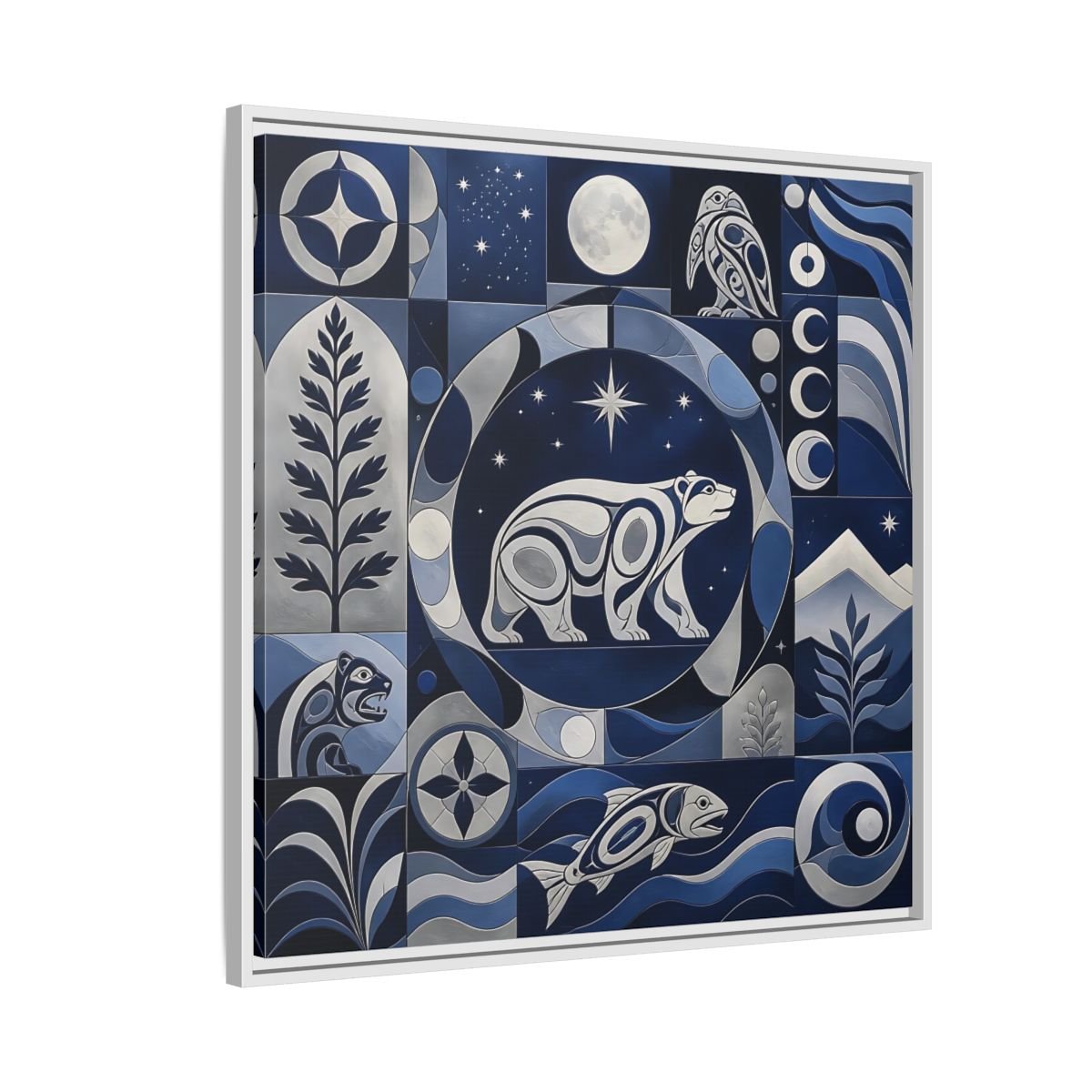 Nature Bear Blue And Silver Framed Canvas Print Wall Art – Living Room Decor, Above Fireplace - YesArtYes