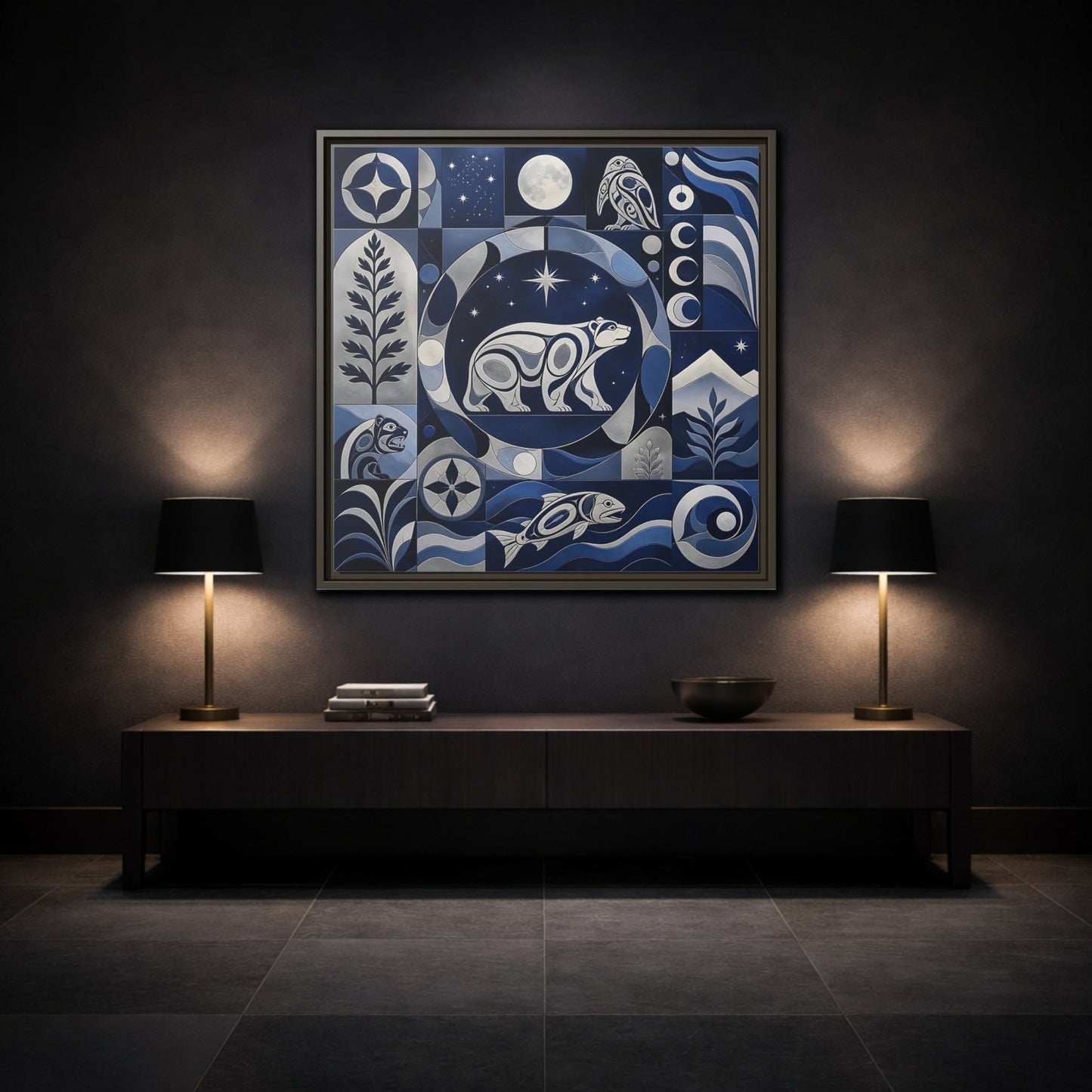 Nature Bear Blue And Silver Framed Canvas Print Wall Art – Living Room Decor, Above Fireplace - YesArtYes