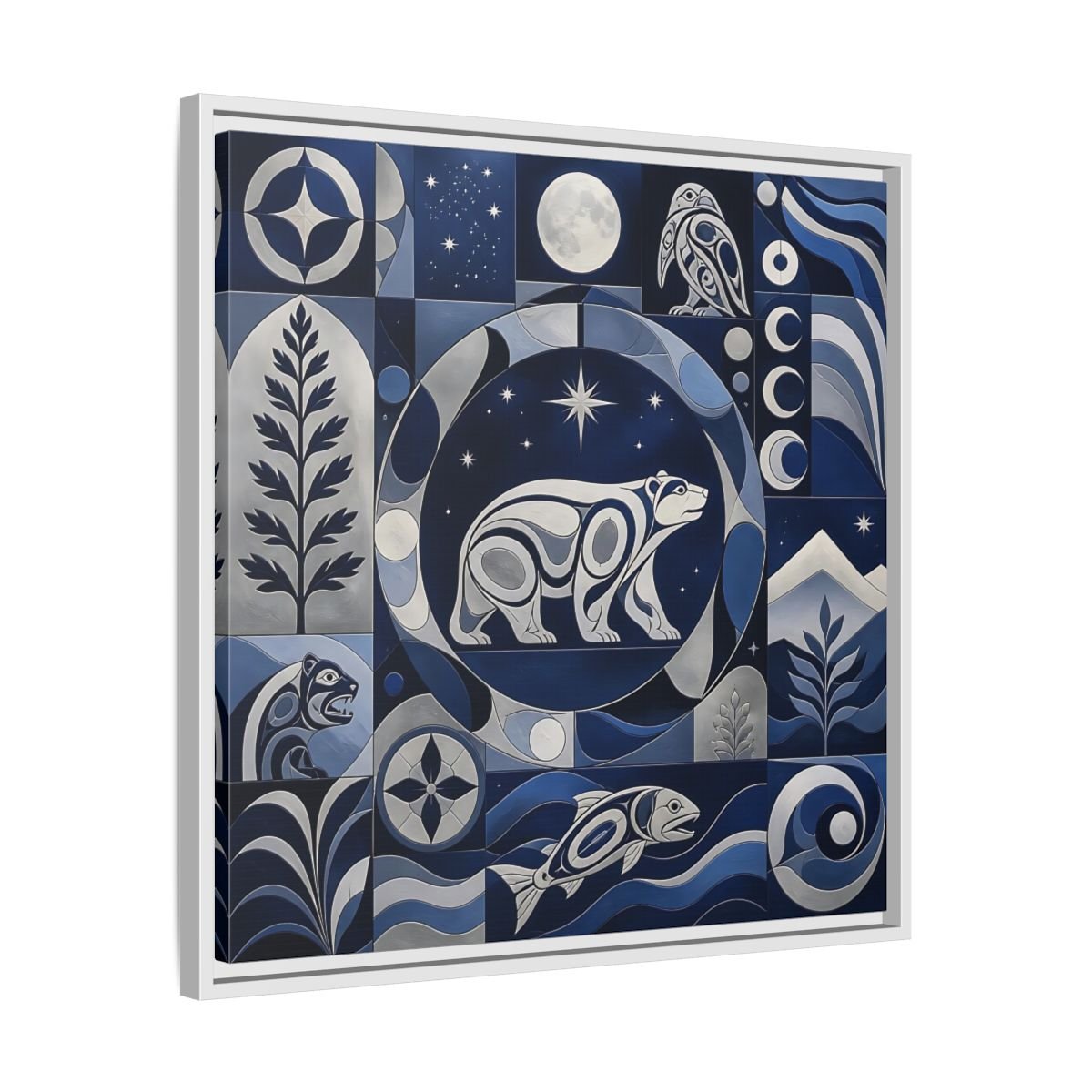 Nature Bear Blue And Silver Framed Canvas Print Wall Art – Living Room Decor, Above Fireplace - YesArtYes
