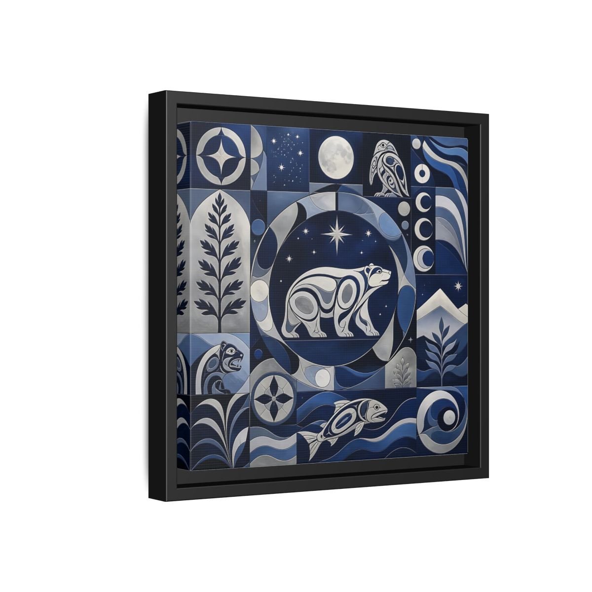 Nature Bear Blue And Silver Framed Canvas Print Wall Art – Living Room Decor, Above Fireplace - YesArtYes