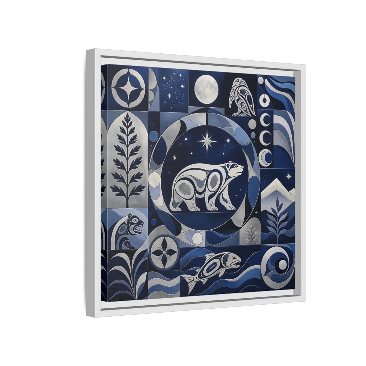 Nature Bear Blue And Silver Framed Canvas Print Wall Art – Living Room Decor, Above Fireplace - YesArtYes