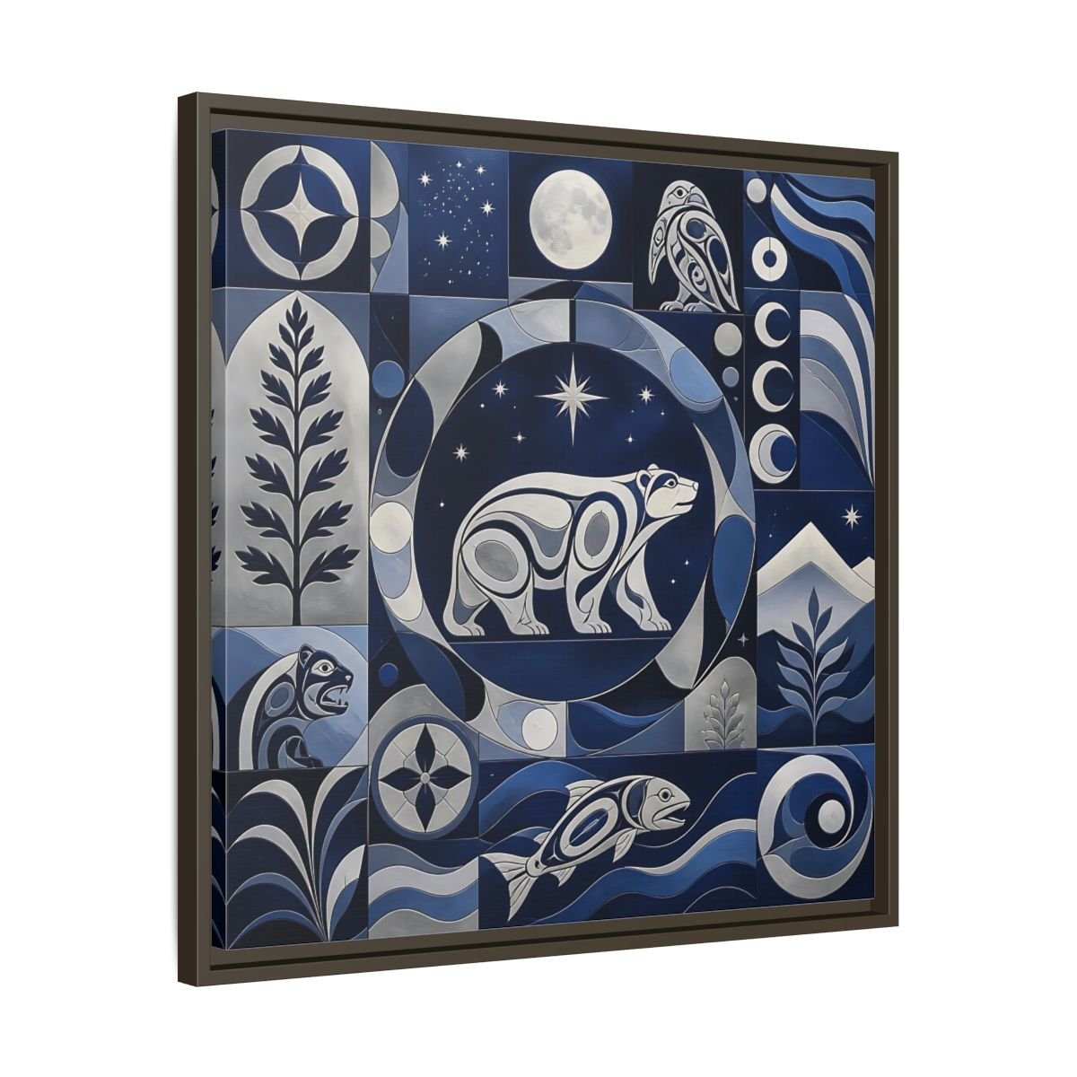 Nature Bear Blue And Silver Framed Canvas Print Wall Art – Living Room Decor, Above Fireplace - YesArtYes