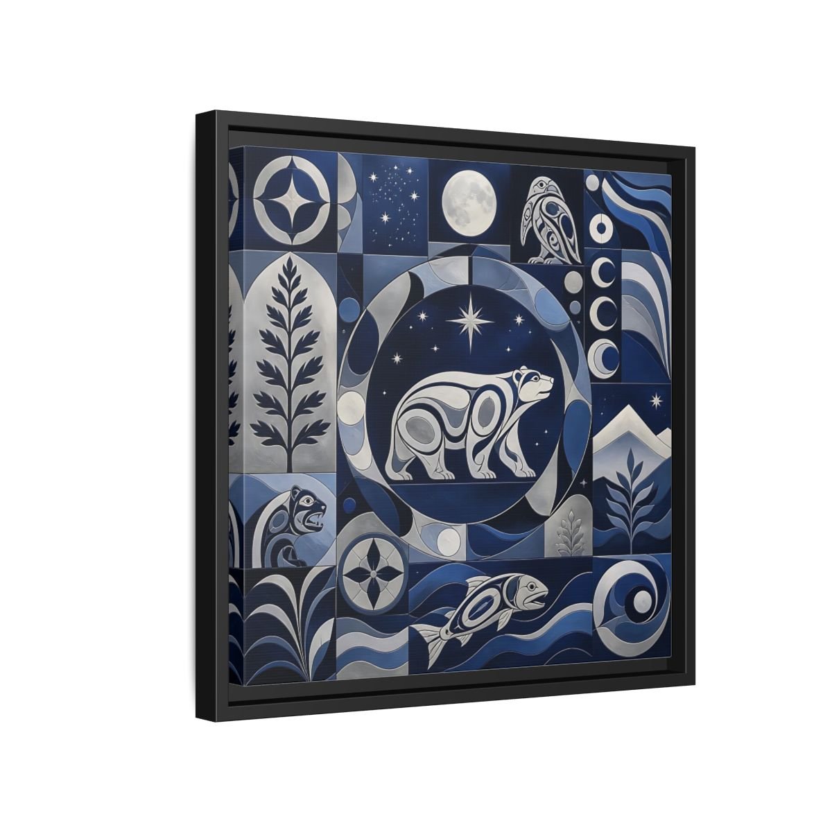 Nature Bear Blue And Silver Framed Canvas Print Wall Art – Living Room Decor, Above Fireplace - YesArtYes