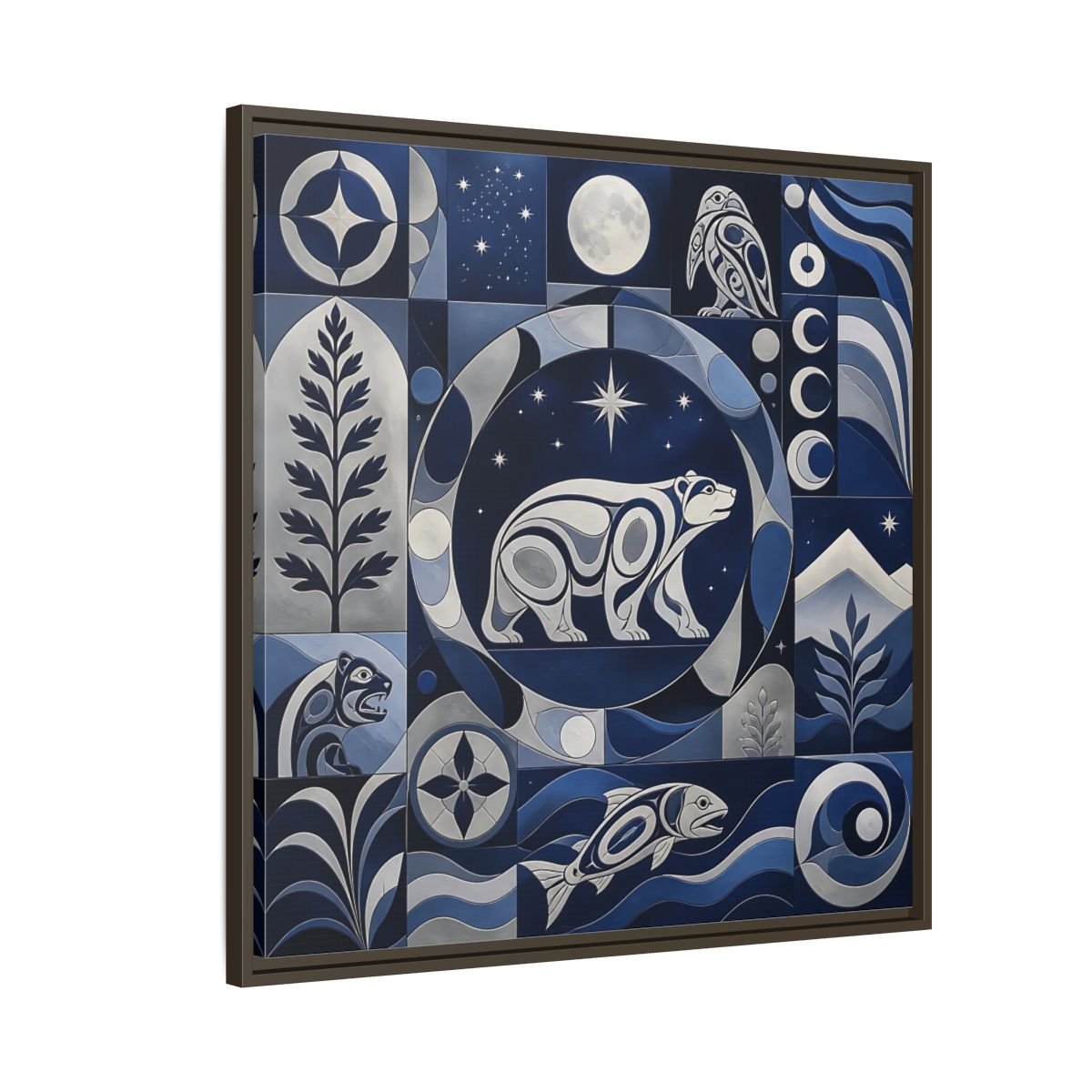 Nature Bear Blue And Silver Framed Canvas Print Wall Art – Living Room Decor, Above Fireplace - YesArtYes