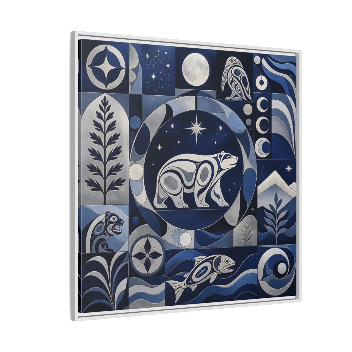 Side Mockup 4. Nature Bear Blue And Silver shown as framed canvas print