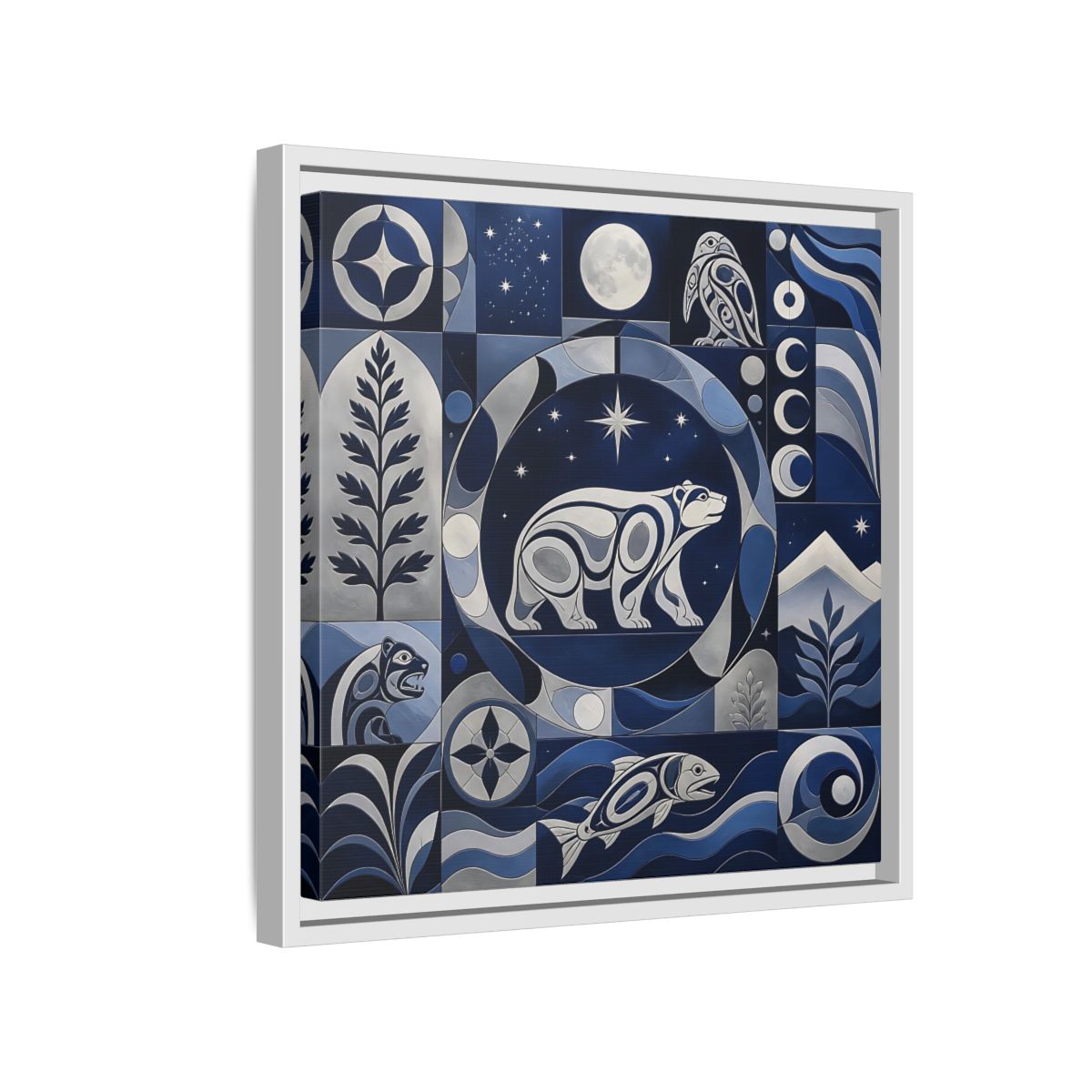 Side Mockup 13. Nature Bear Blue And Silver shown as framed canvas print