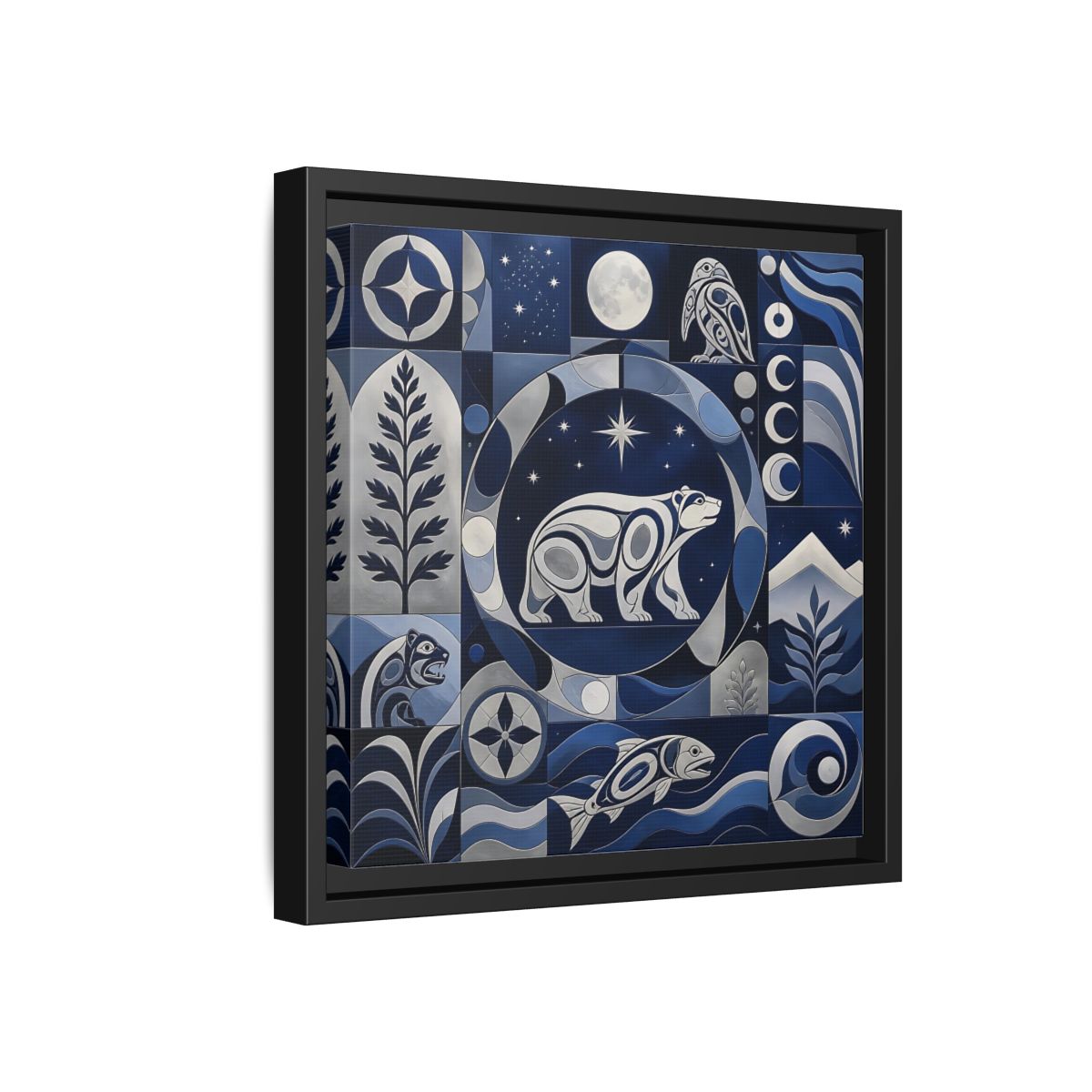 Side Mockup 18. Nature Bear Blue And Silver shown as framed canvas print
