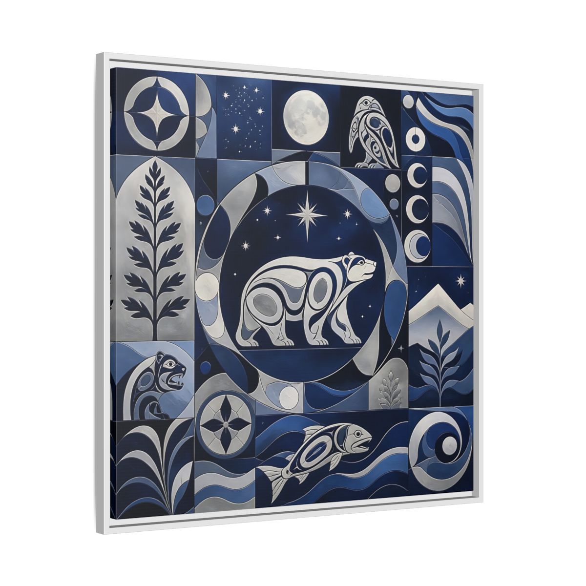 Side Mockup 25. Nature Bear Blue And Silver shown as framed canvas print