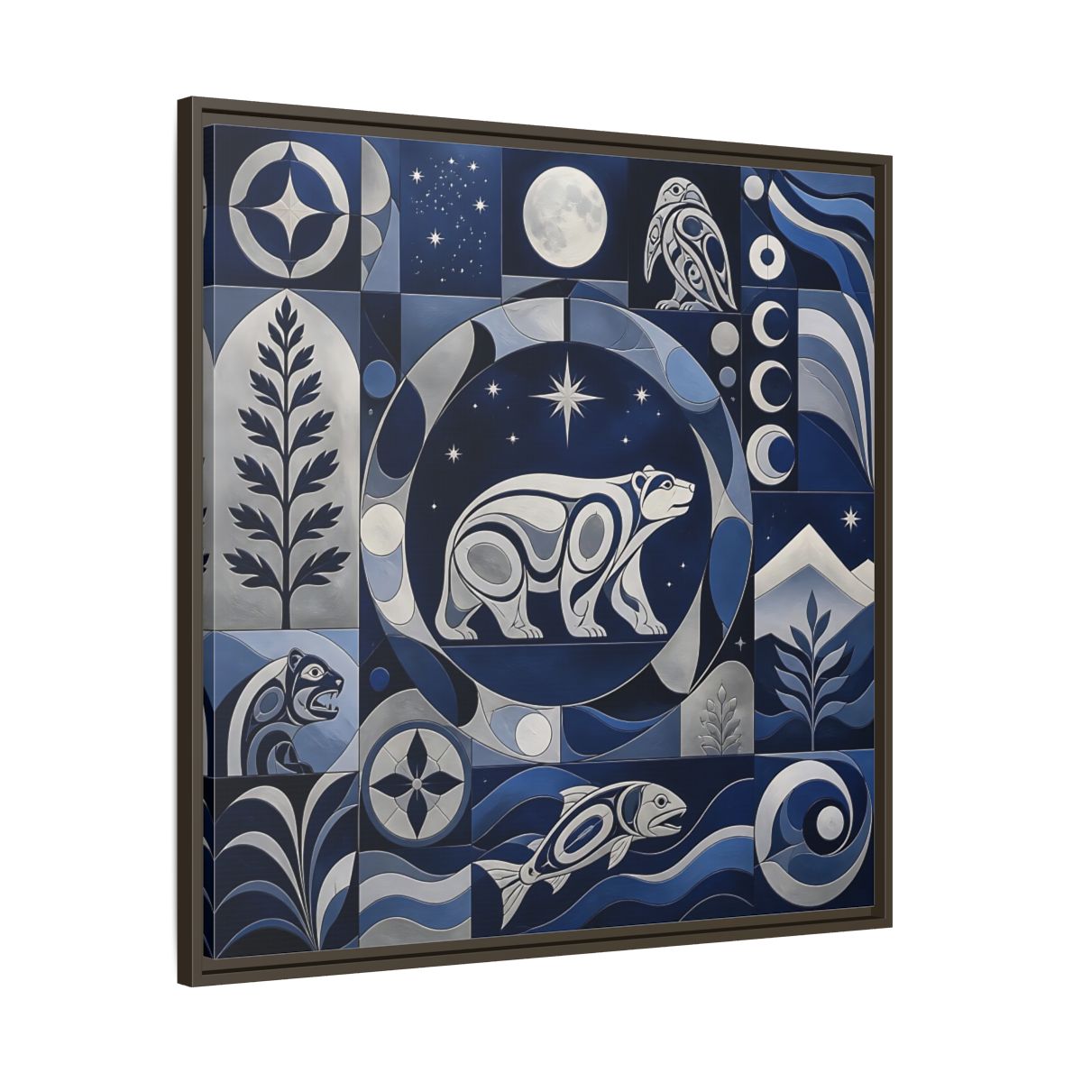 Main Mockup. Nature Bear Blue And Silver shown as framed canvas print