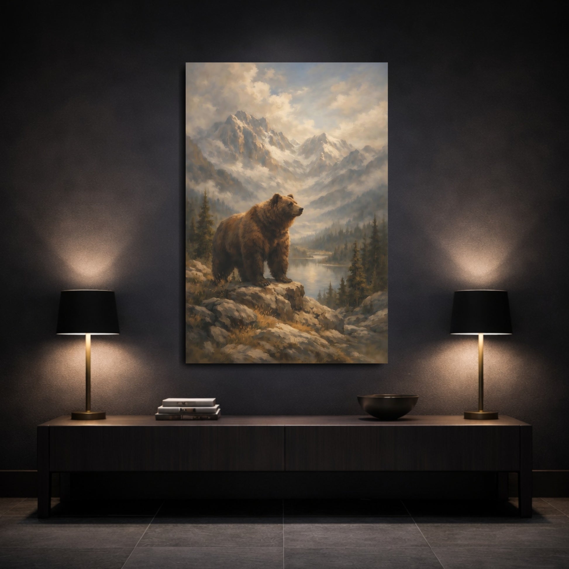 Mockup 2. Nature Bear Brown Bear Mountain Landscape shown as stretched canvas wall art