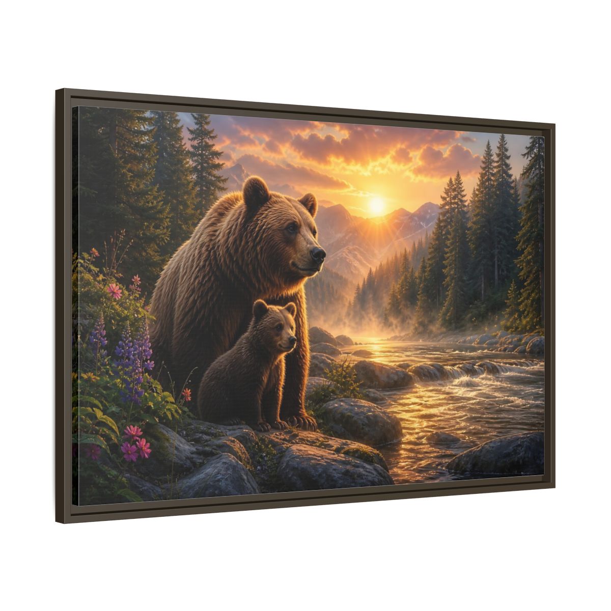 Main Mockup. Nature Bear Family Brown Bear Sunset shown as stretched canvas wall art