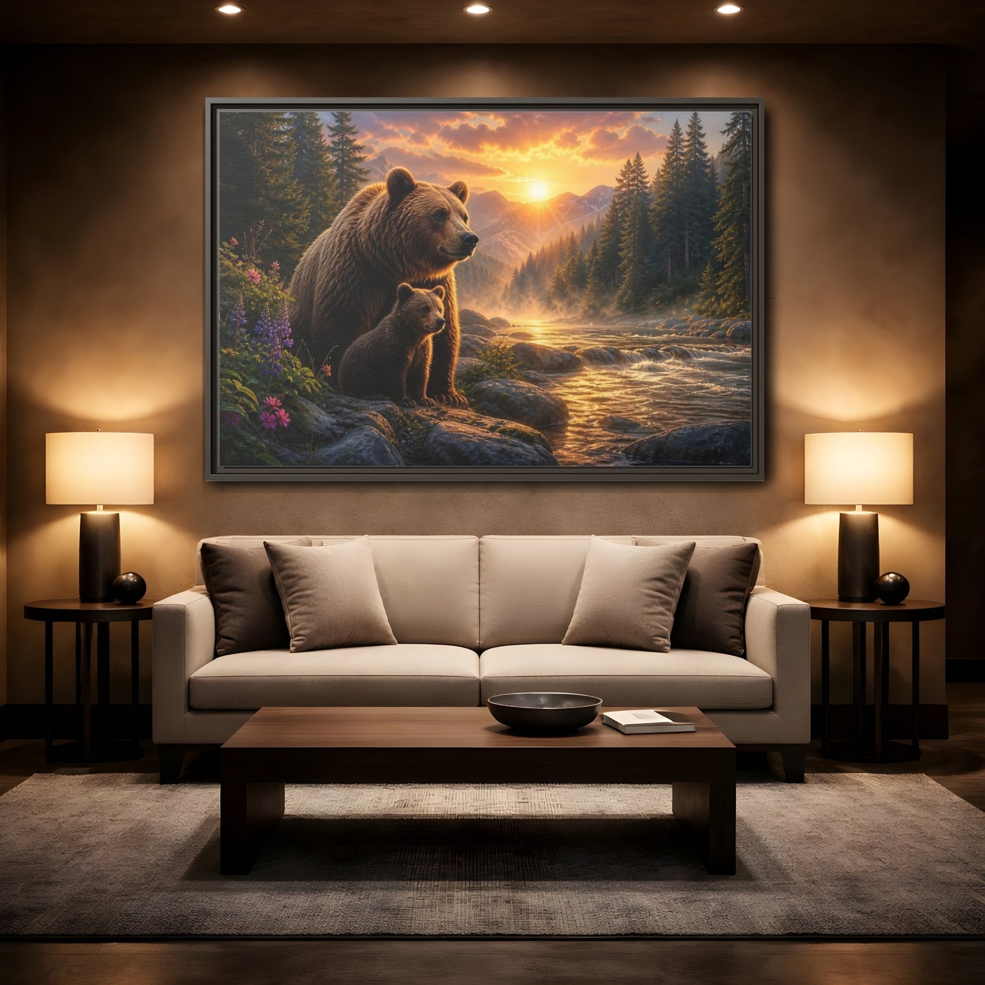 Mockup 2. Nature Bear Family Brown Bear Sunset shown as stretched canvas wall art