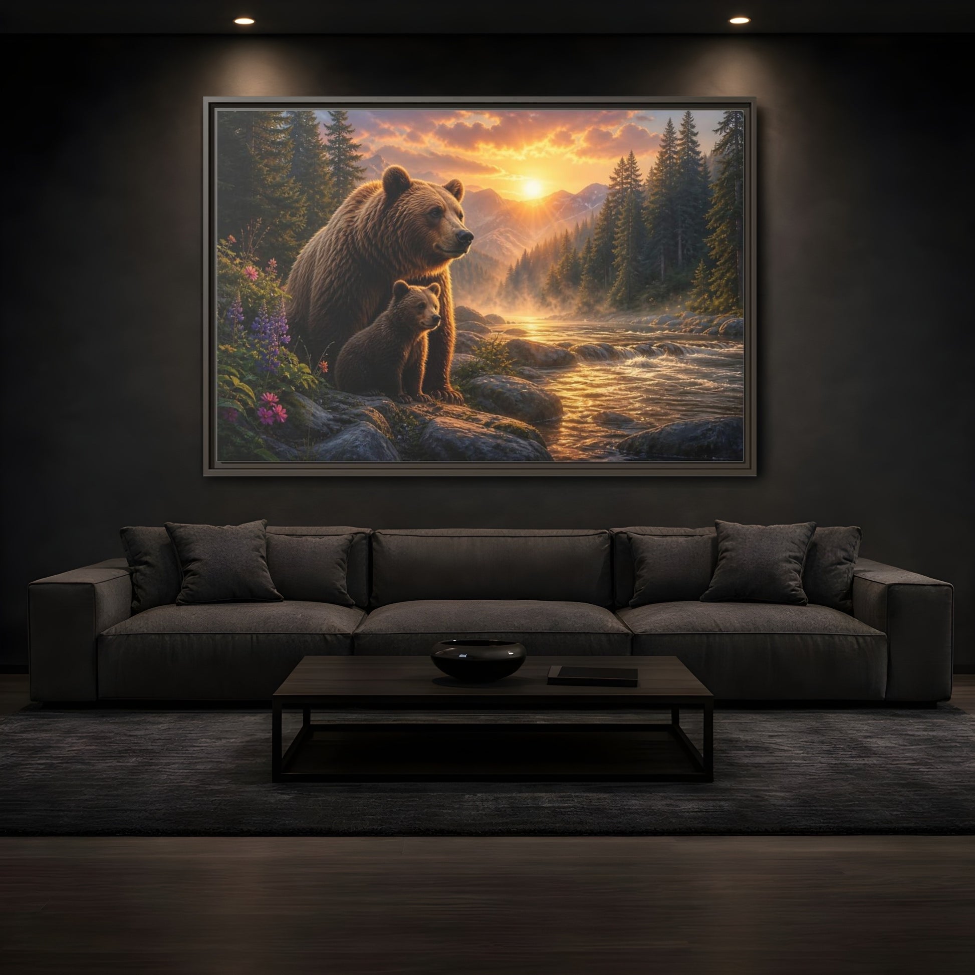 Mockup 3. Nature Bear Family Brown Bear Sunset shown as stretched canvas wall art