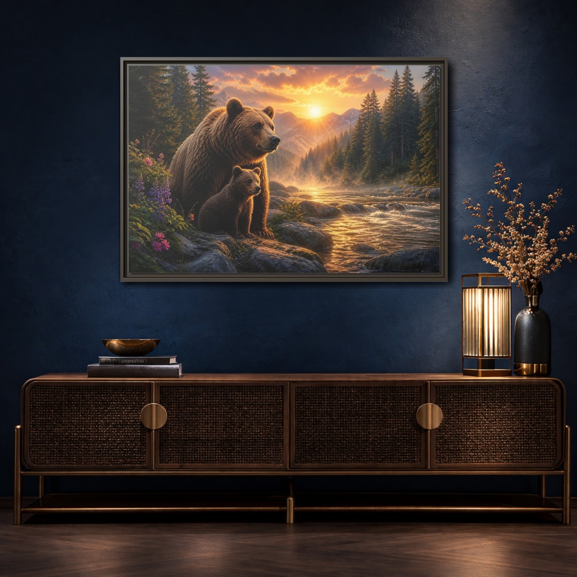 Mockup 4. Nature Bear Family Brown Bear Sunset shown as stretched canvas wall art