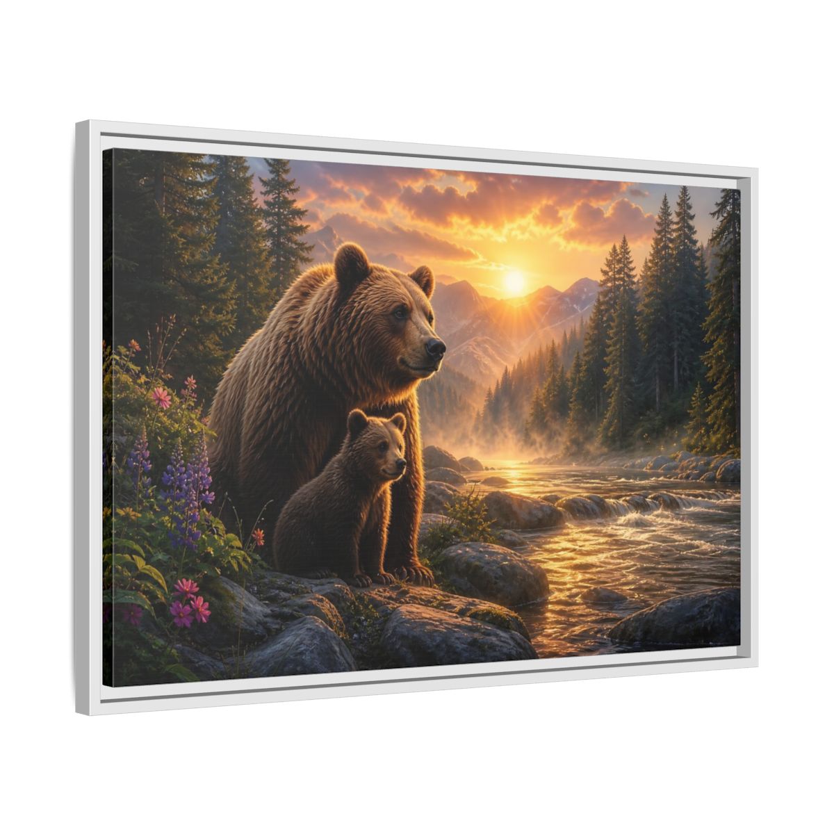 Side Mockup 10. Nature Bear Family Brown Bear Sunset shown as stretched canvas wall art
