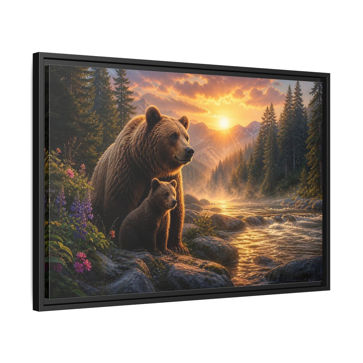 Side Mockup 14. Nature Bear Family Brown Bear Sunset shown as stretched canvas wall art
