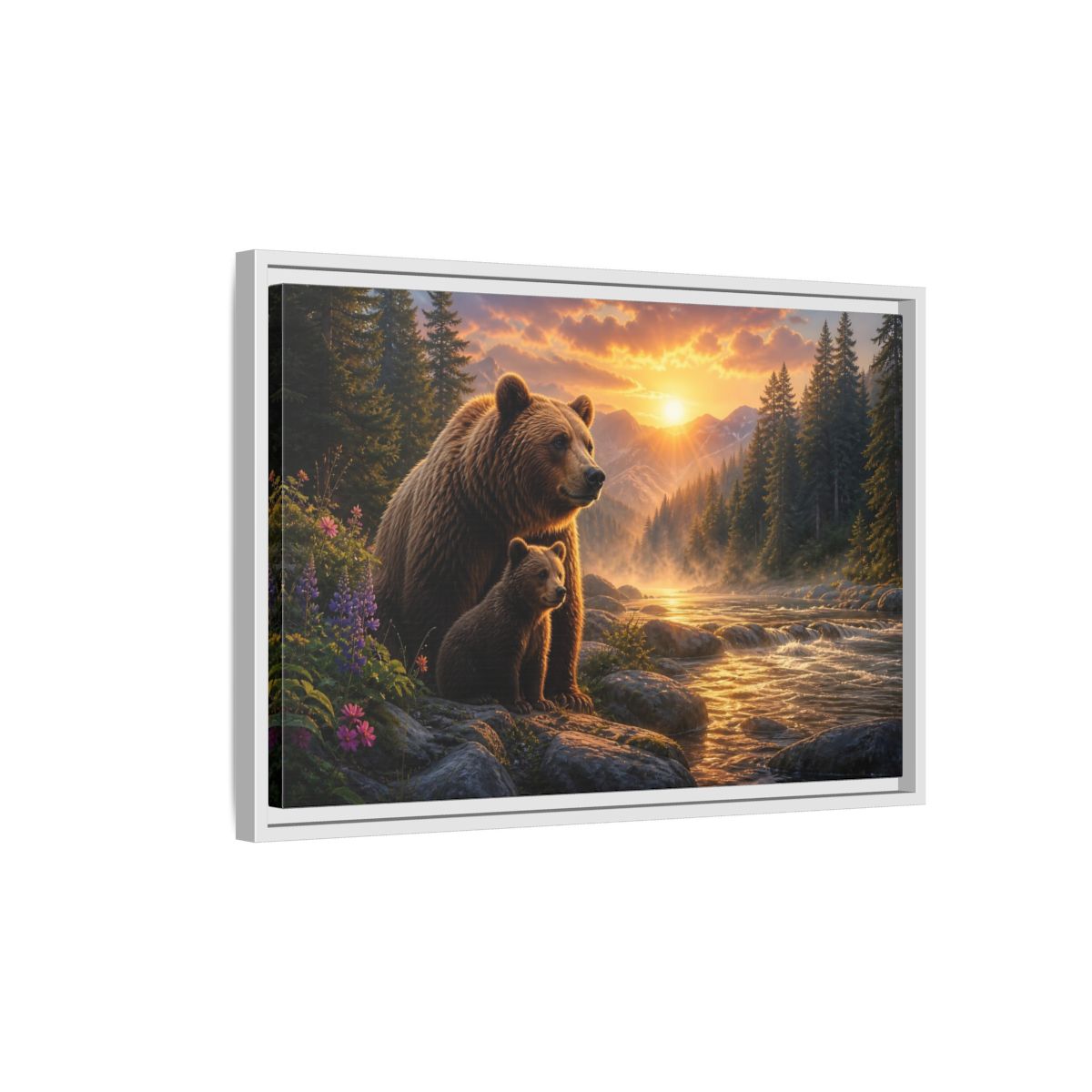 Side Mockup 1. Nature Bear Family Brown Bear Sunset shown as stretched canvas wall art