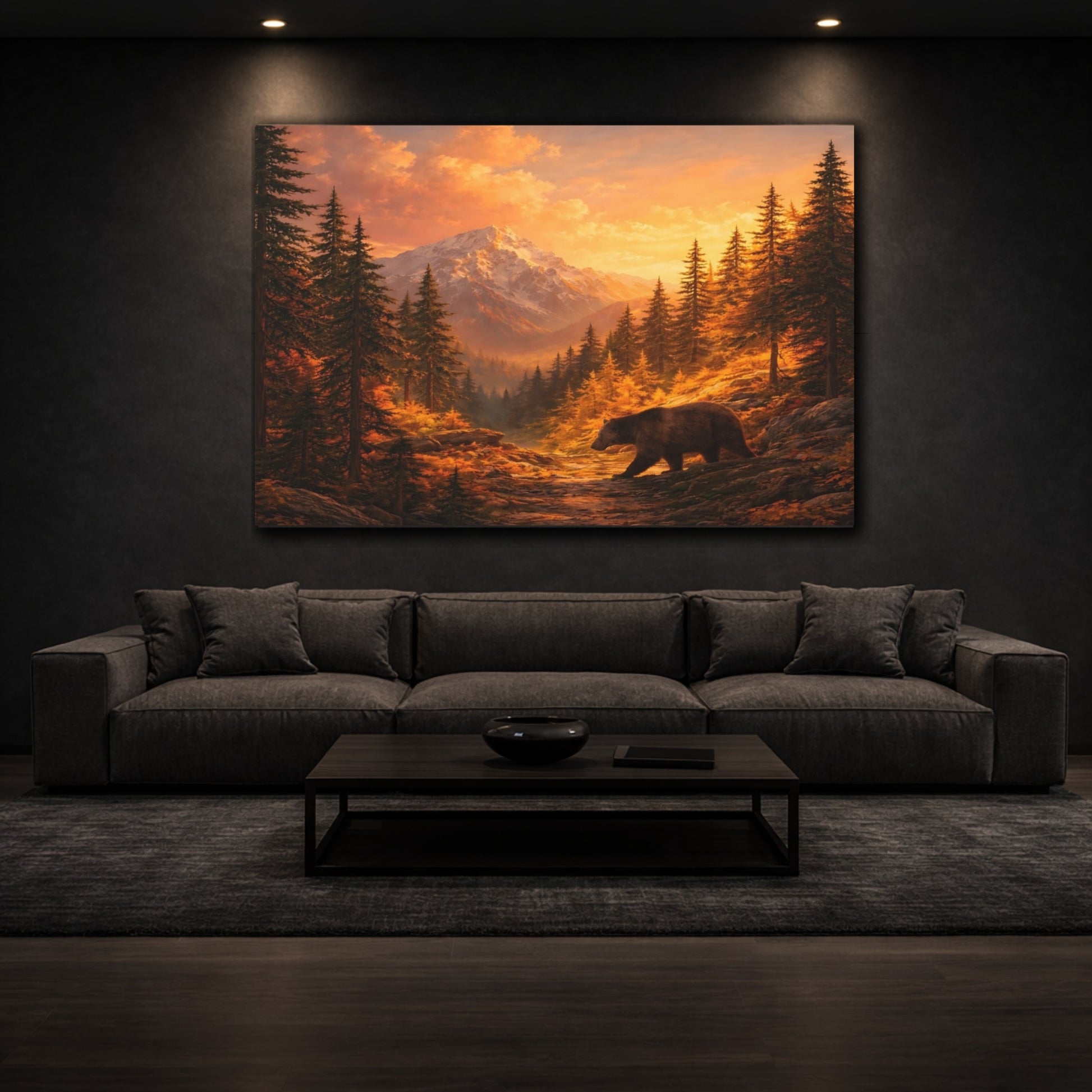 Nature Bear Orange Mountain Bear shown as front canvas room wall art