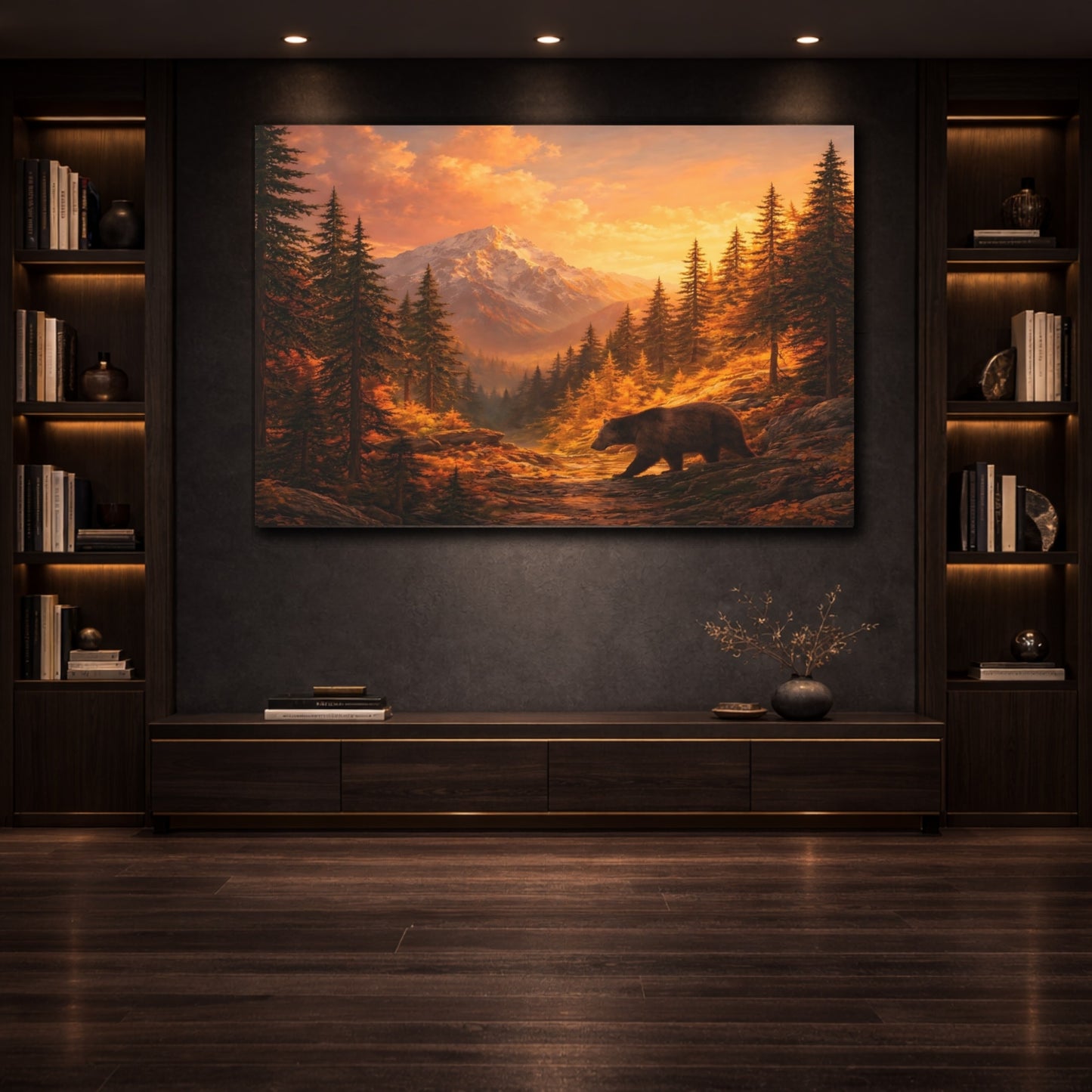 Nature Bear Orange Mountain Bear shown as front canvas room wall art