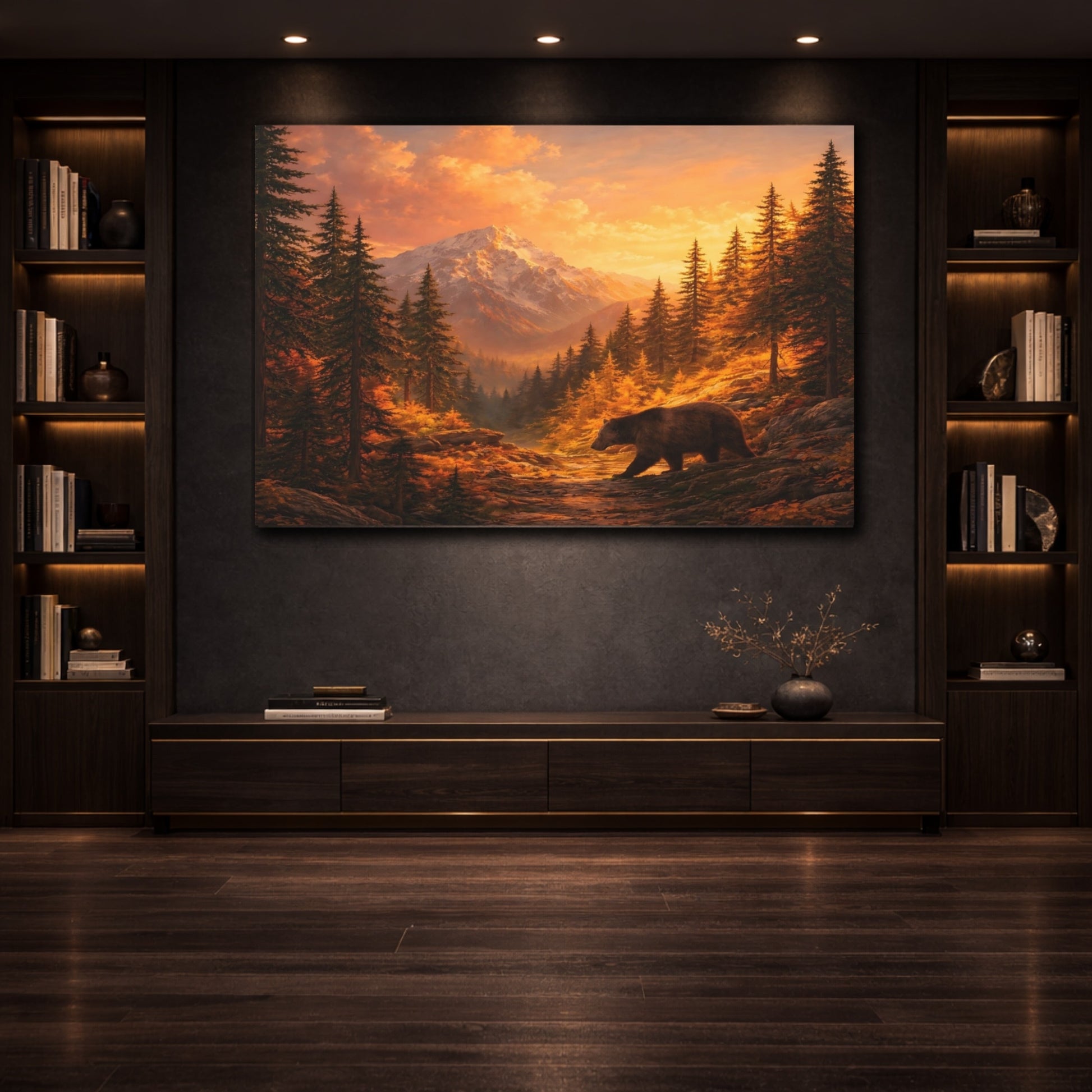 Nature Bear Orange Mountain Bear shown as front canvas room wall art