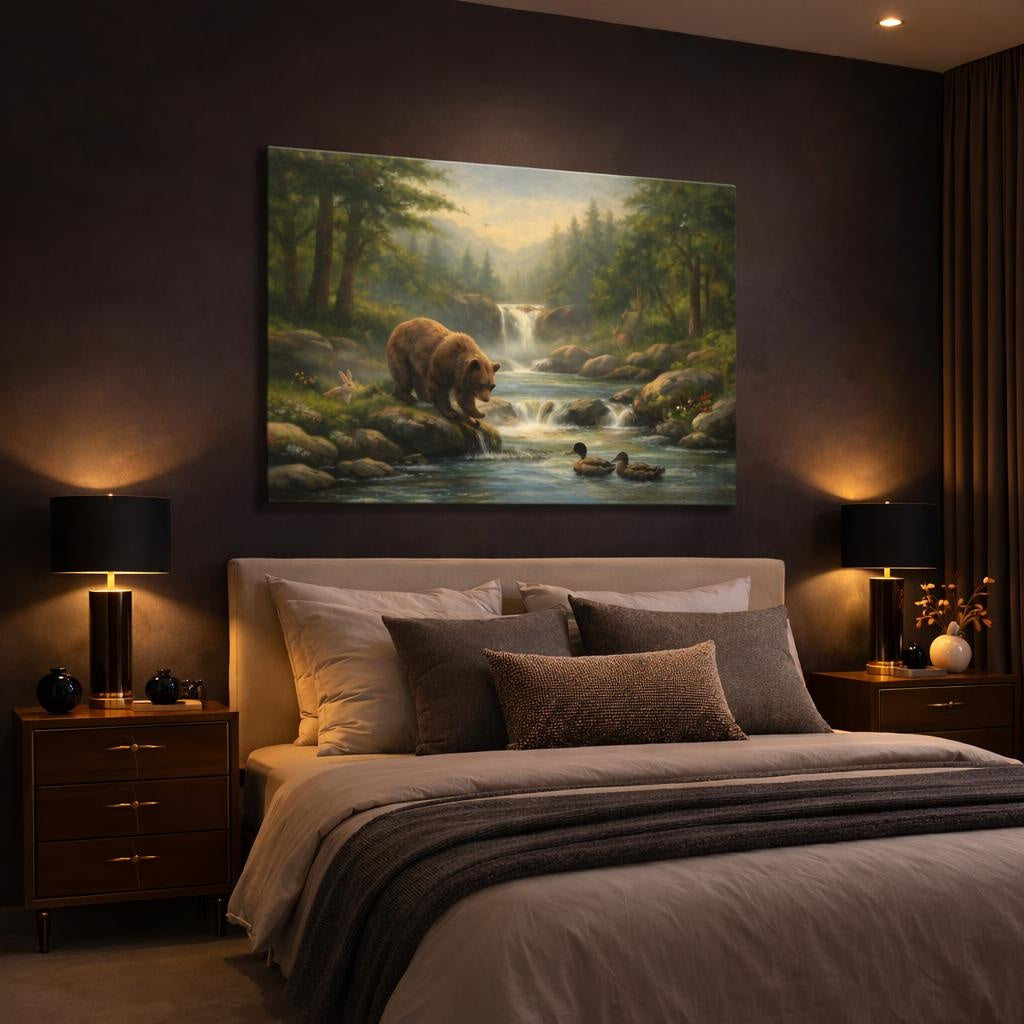 Nature Bear Wildlife Landscape shown as canvas wall art in a luxury bedroom