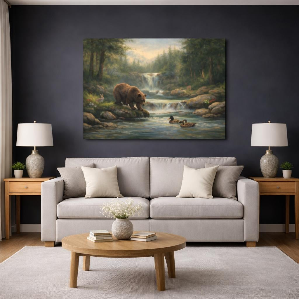 Nature Bear Wildlife Landscape shown as canvas wall art in a modern living room