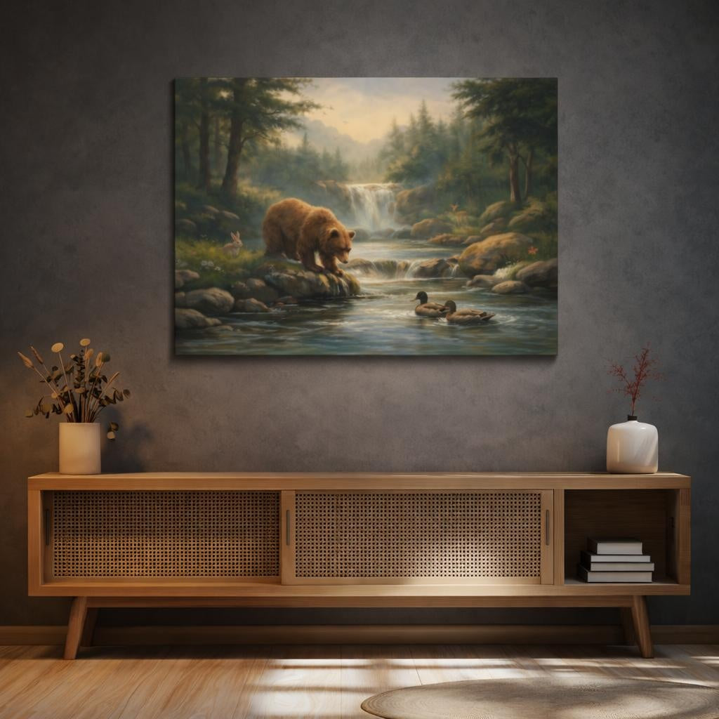 Nature Bear Wildlife Landscape shown as canvas wall art in a sophisticated contemporary living space