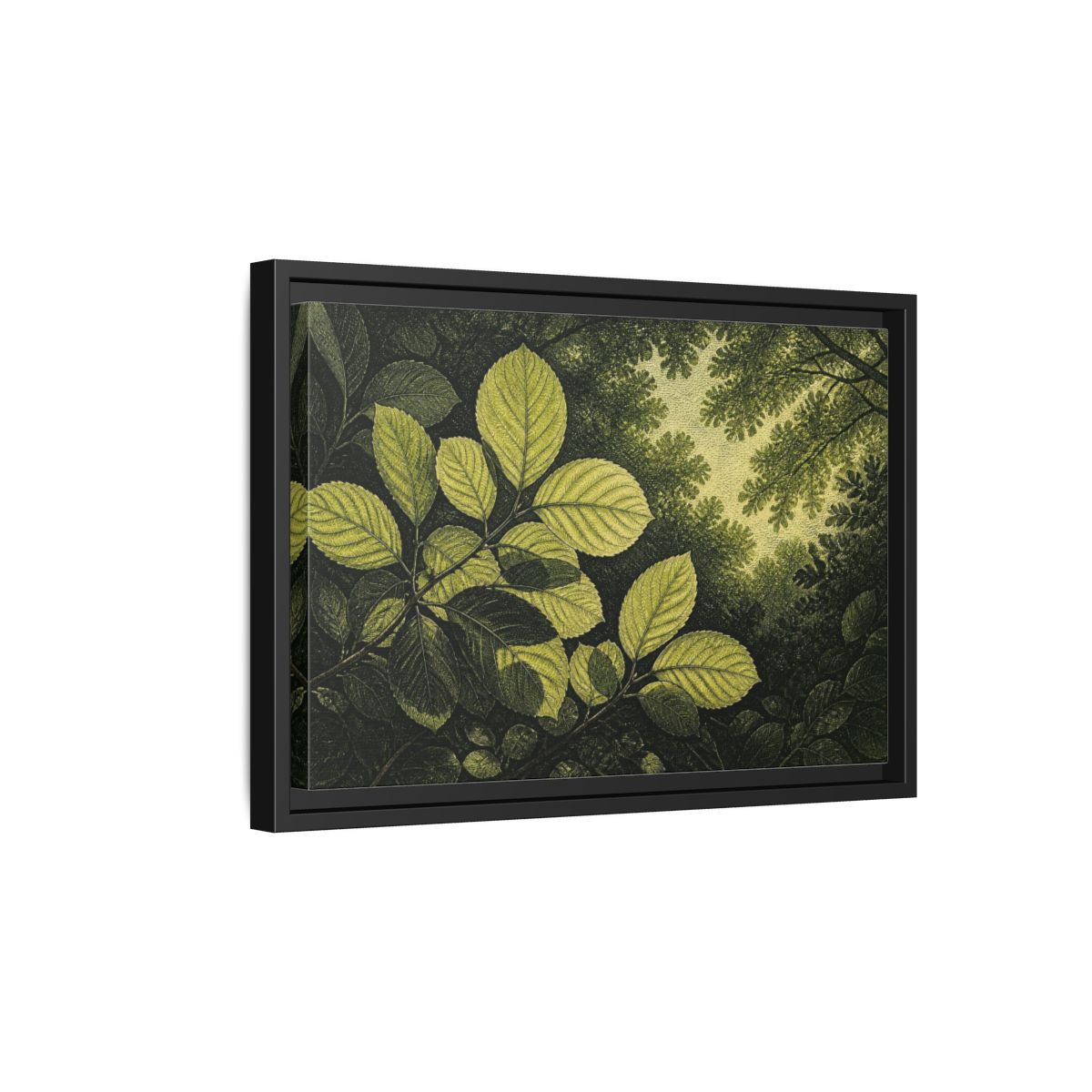 Side Mockup 6. Nature Beech Leaf Canopy shown as framed canvas print