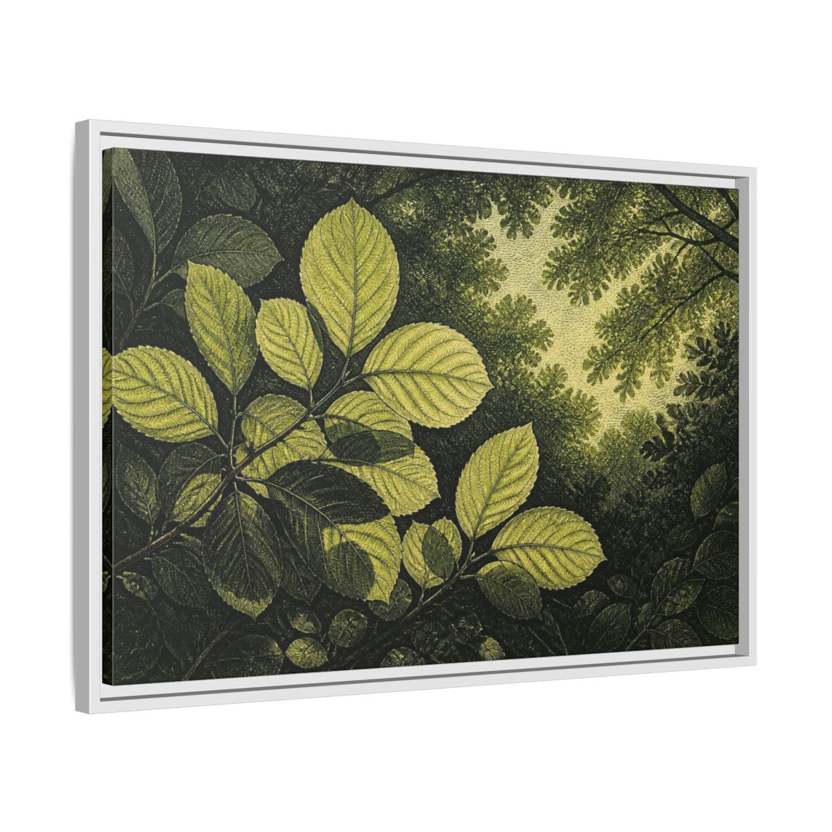 Side Mockup 10. Nature Beech Leaf Canopy shown as framed canvas print