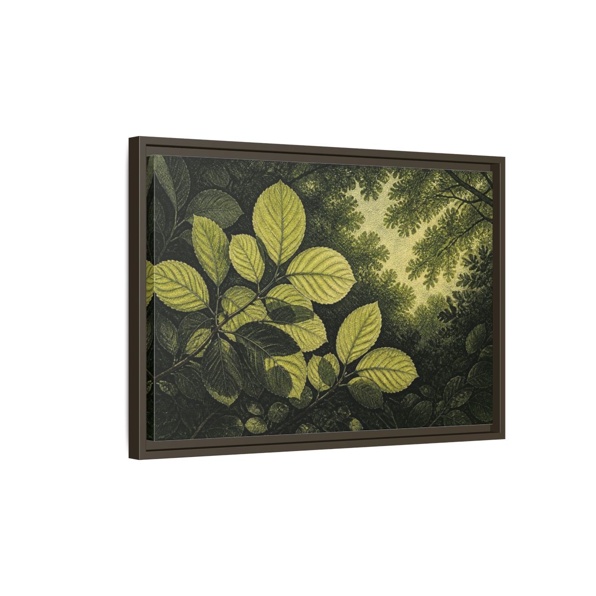 Side Mockup 2. Nature Beech Leaf Canopy shown as framed canvas print