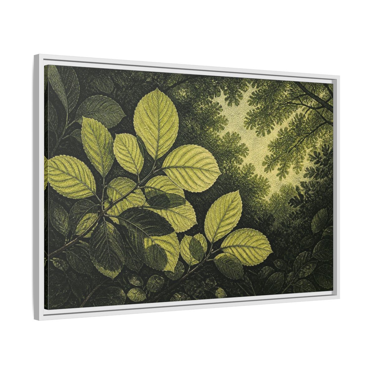 Side Mockup 9. Nature Beech Leaf Canopy shown as framed canvas print