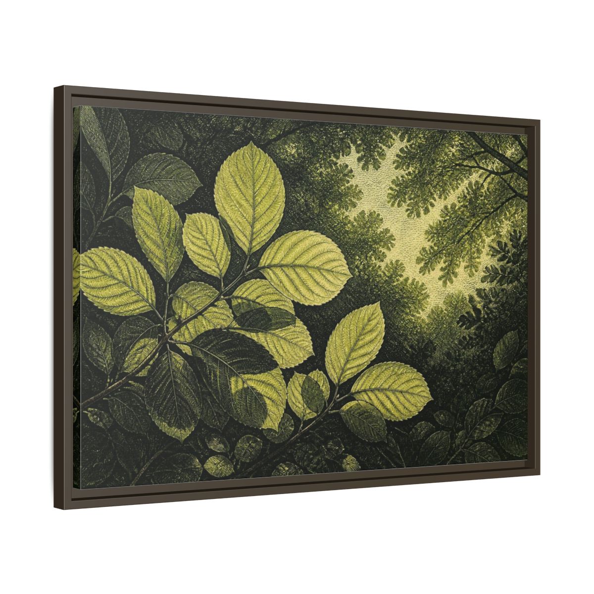 Side Mockup 11. Nature Beech Leaf Canopy shown as framed canvas print