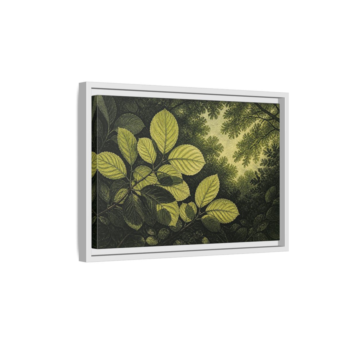 Side Mockup 4. Nature Beech Leaf Canopy shown as framed canvas print