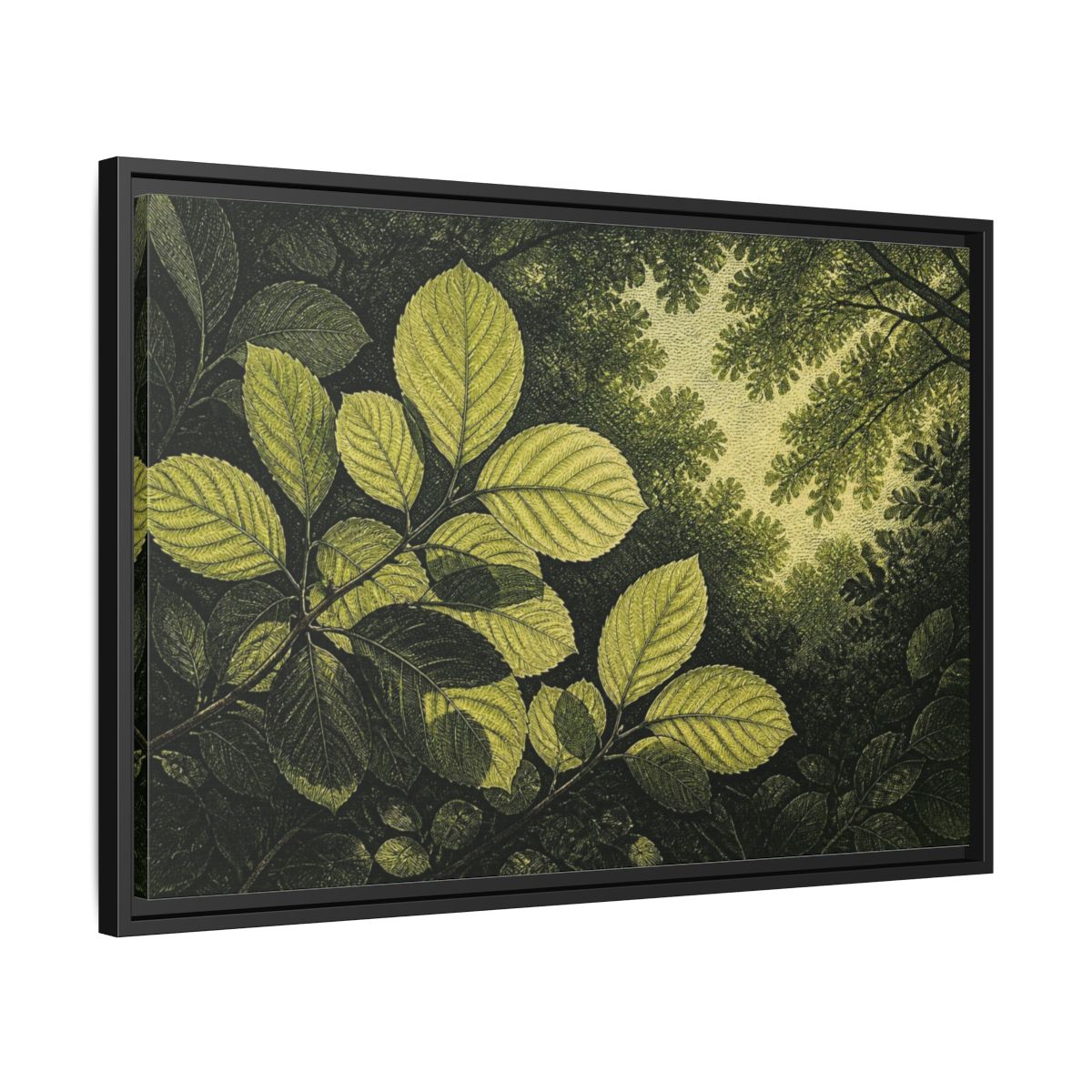 Side Mockup 14. Nature Beech Leaf Canopy shown as framed canvas print
