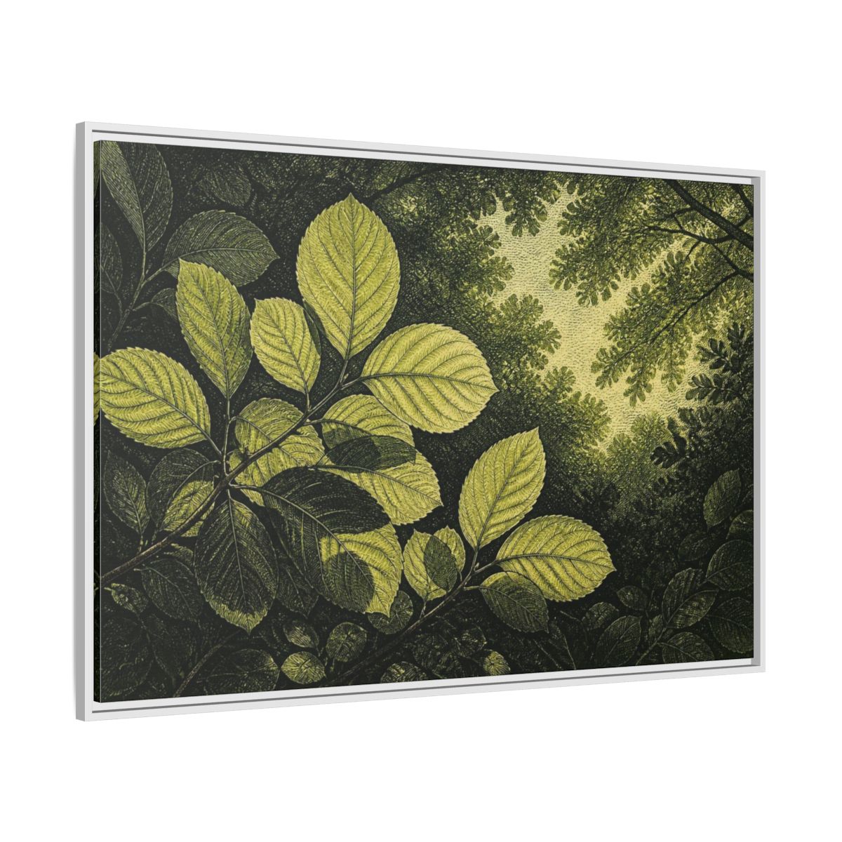Side Mockup 7. Nature Beech Leaf Canopy shown as framed canvas print