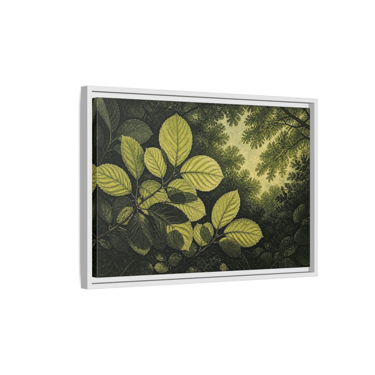 Side Mockup 1. Nature Beech Leaf Canopy shown as framed canvas print