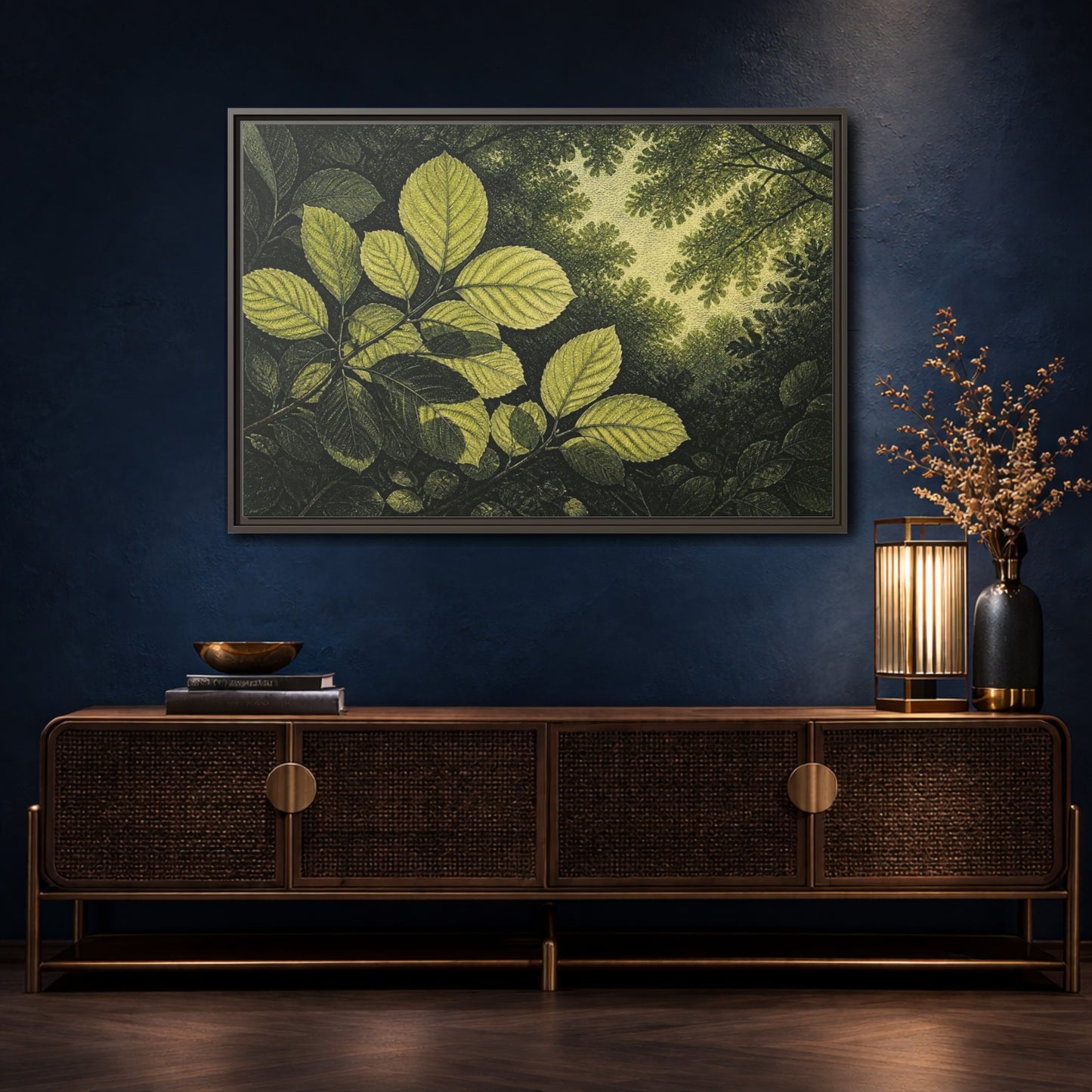 Mockup 4. Nature Beech Leaf Canopy shown as framed canvas print
