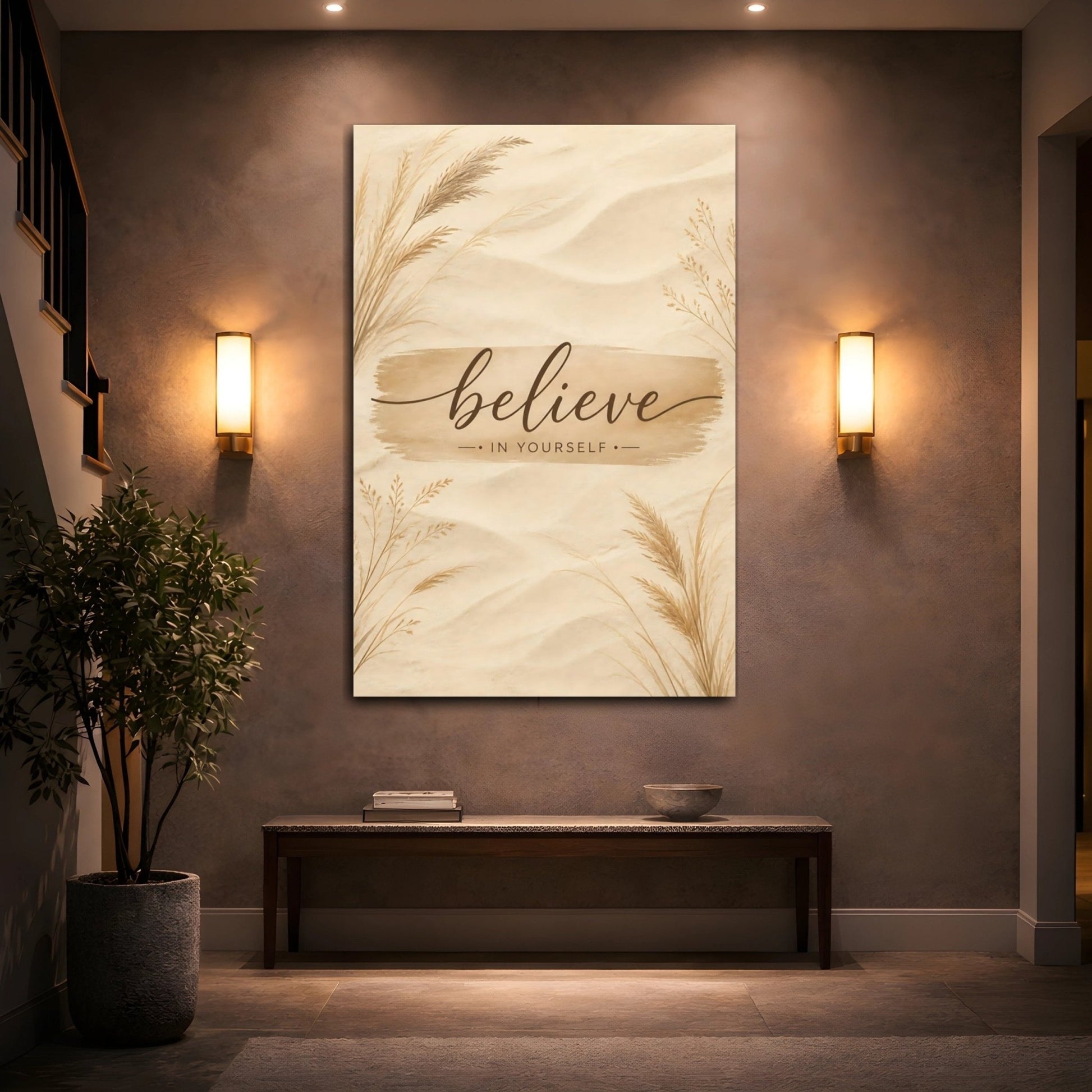 Nature Believe Quote Brown Beige Canvas Wall Art Print – Boho Living Room, Above Fireplace - YesArtYes