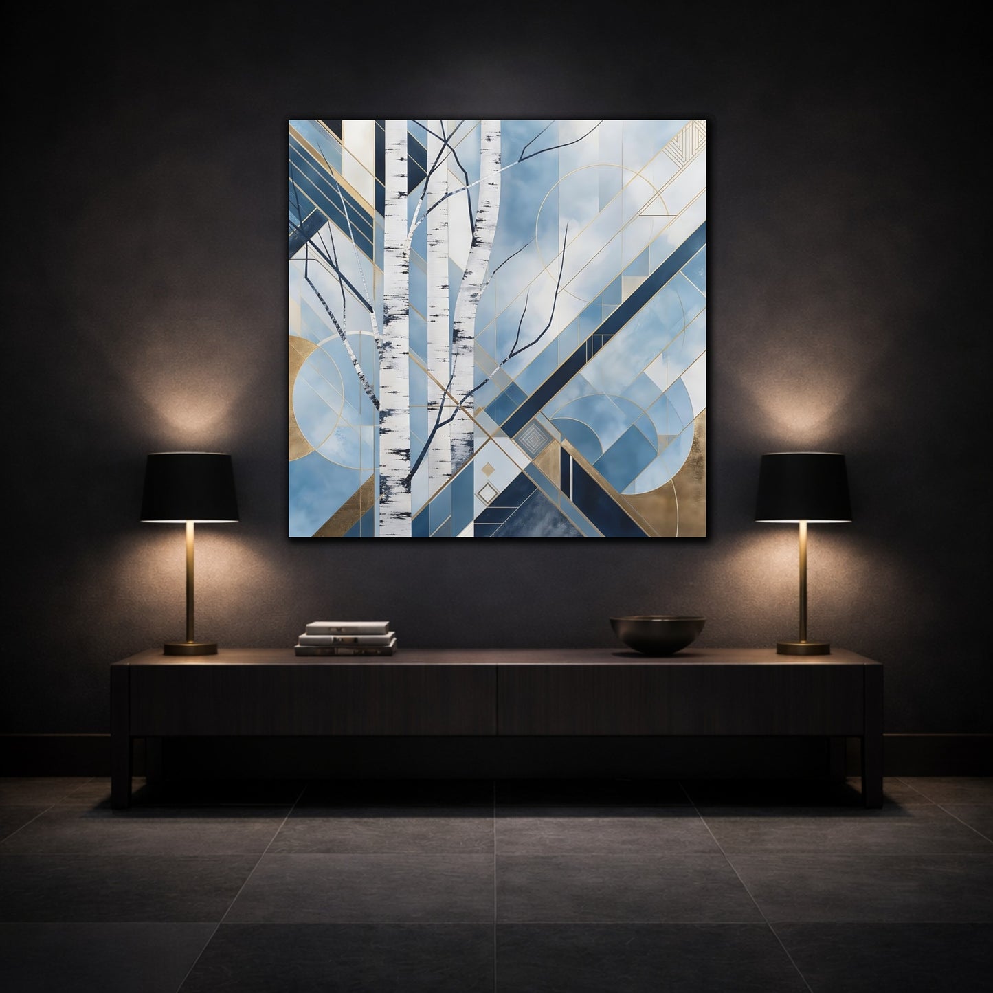 Mockup 3. Nature Birch Trees Blue Gold Birch shown as canvas print