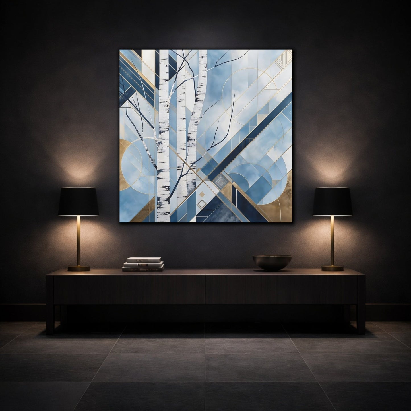 Nature Birch Trees Blue Gold Canvas Print – Art Deco Living Room, Above Sofa - YesArtYes