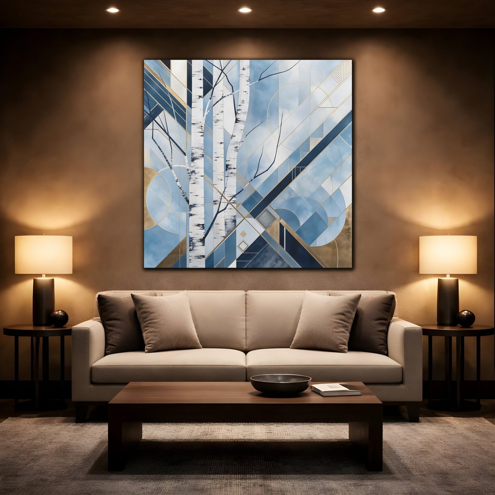 Nature Birch Trees Blue Gold Canvas Print – Art Deco Living Room, Above Sofa - YesArtYes