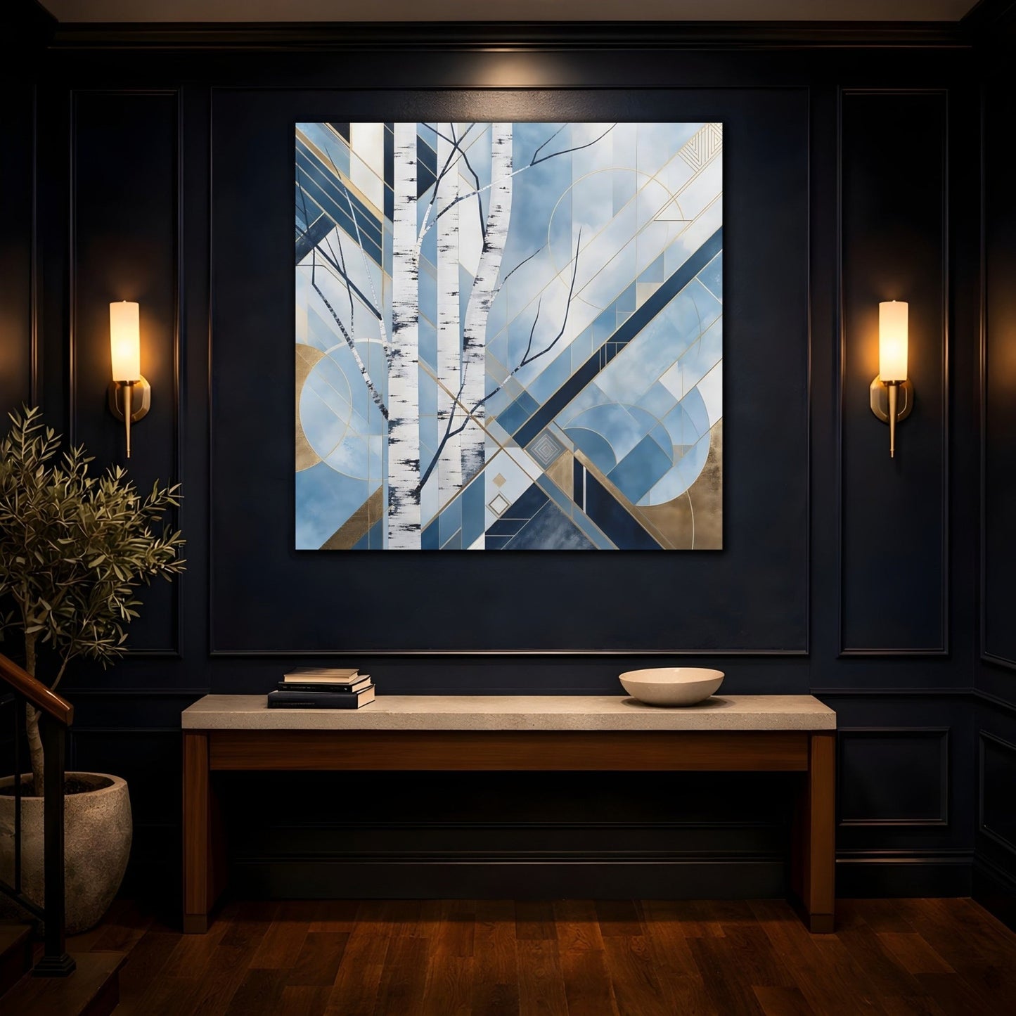 Nature Birch Trees Blue Gold Canvas Print – Art Deco Living Room, Above Sofa - YesArtYes