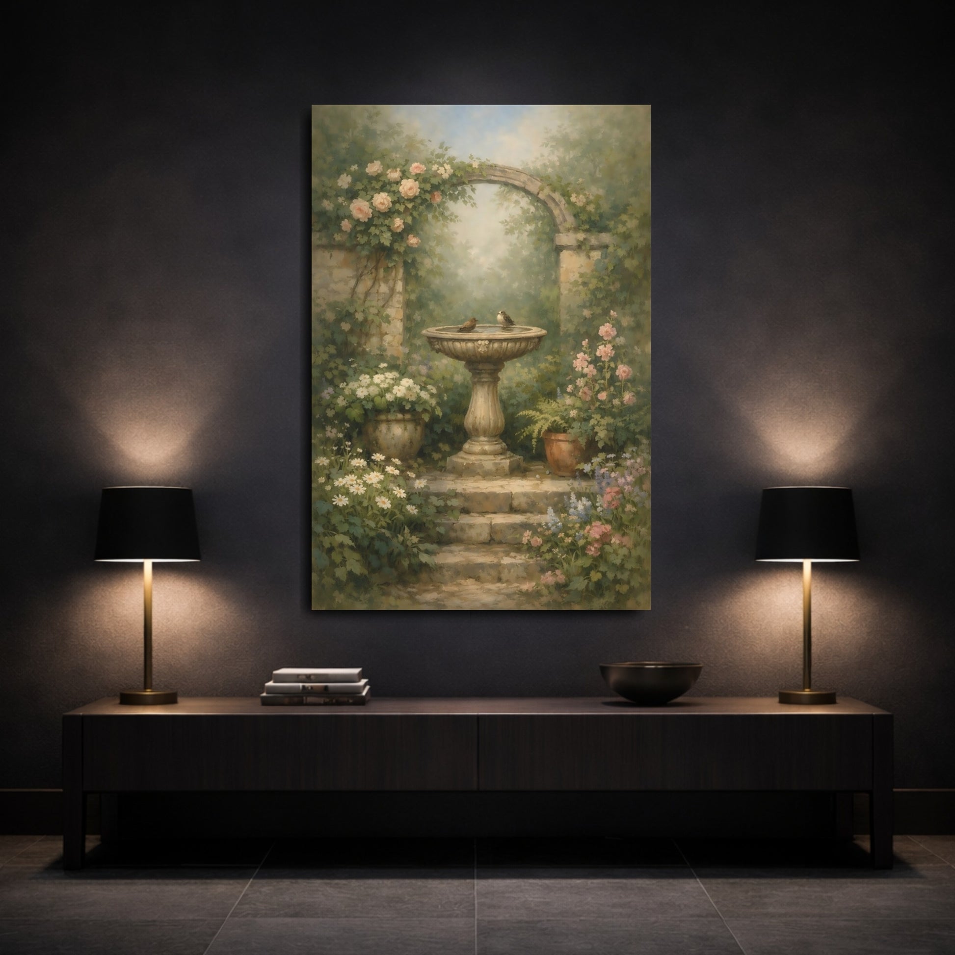 Mockup 2. Nature Bird Bath Rustic Garden shown as stretched canvas wall art