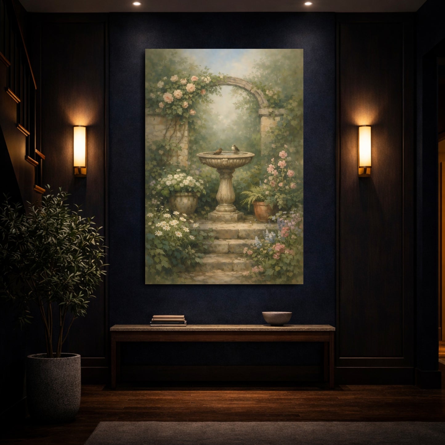 Mockup 3. Nature Bird Bath Rustic Garden shown as stretched canvas wall art